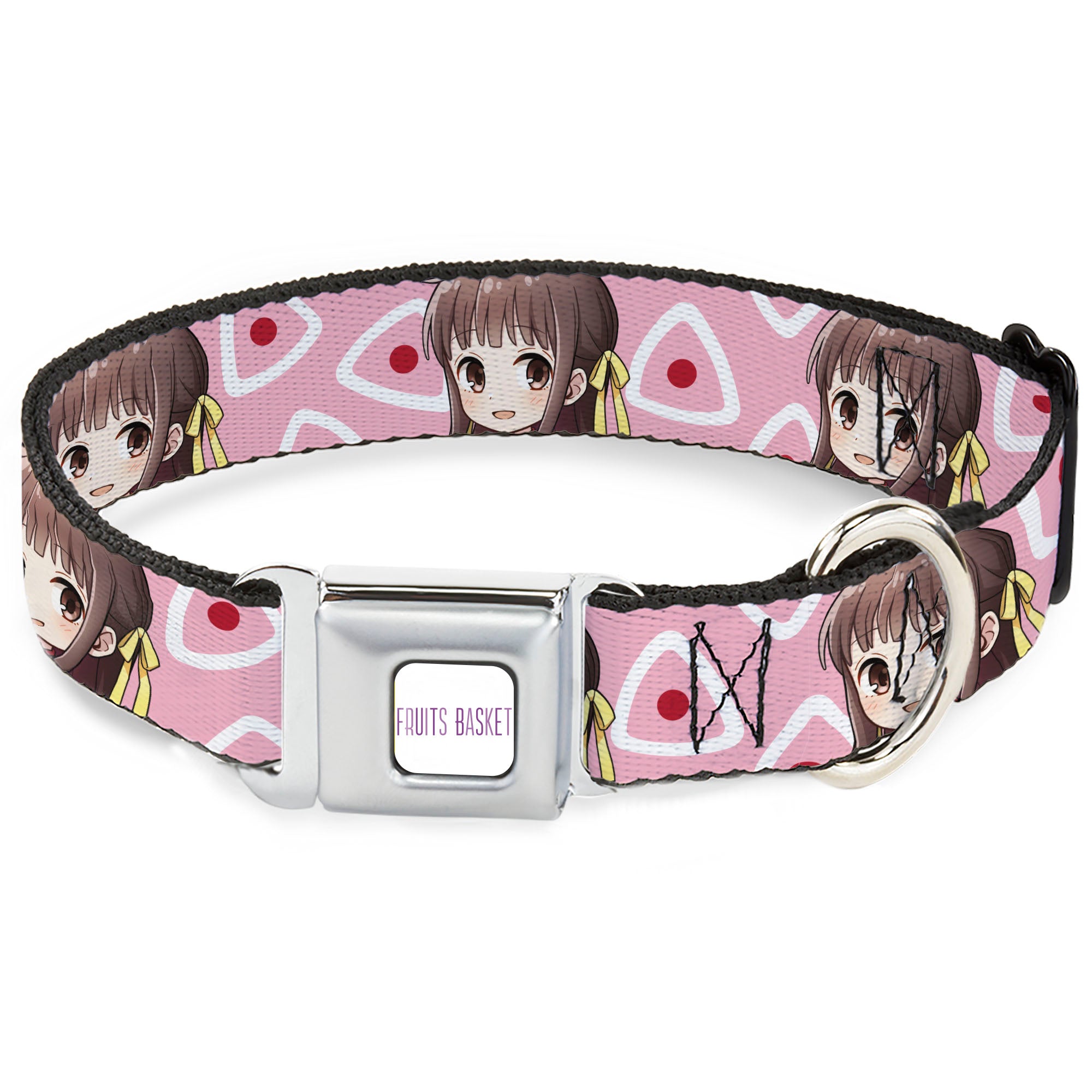 FRUITS BASKET Title Logo Full Color White/Purple Seatbelt Buckle Collar - Fruits Basket Chibi Tohru Honda Face and Kimono Rice Ball Icon Pink/White/Red Seatbelt Buckle Collars Fruits Basket