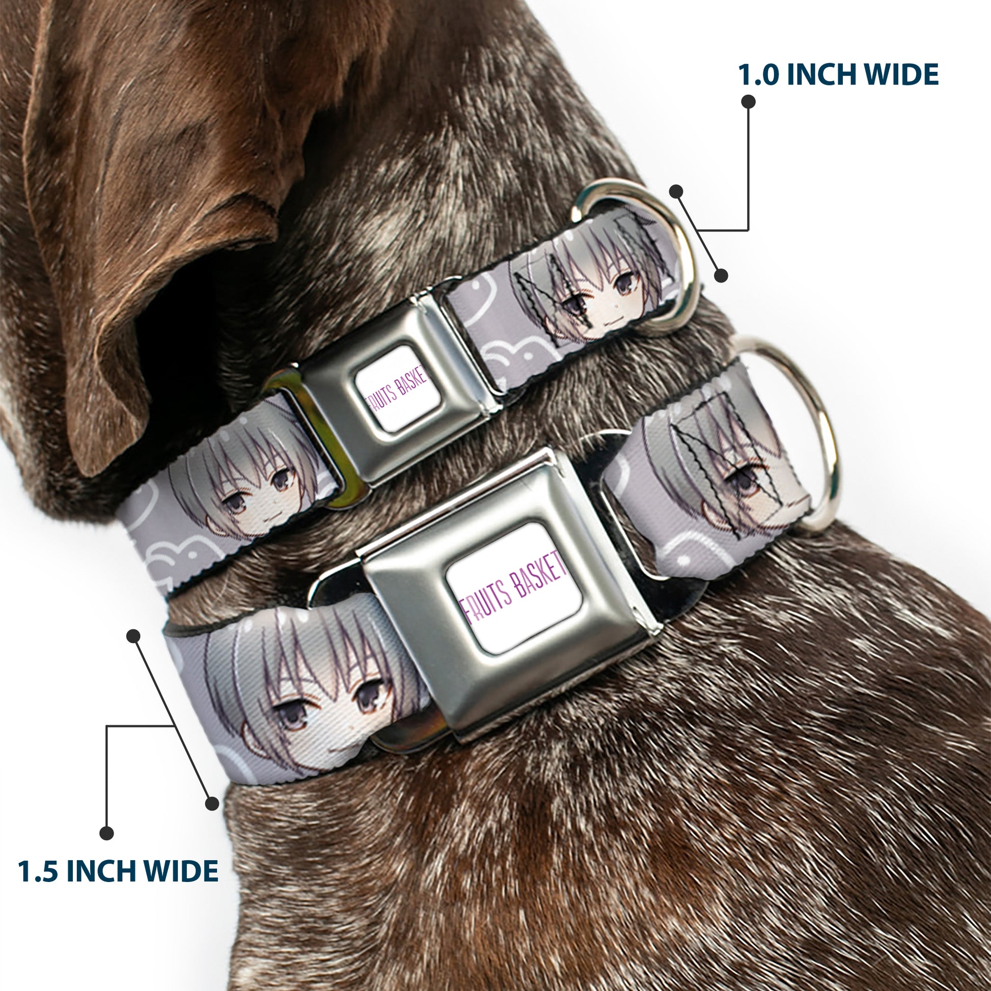 FRUITS BASKET Title Logo Full Color White/Purple Seatbelt Buckle Collar - Fruits Basket Chibi Yuki Soma Face and Kimono Rat Icon Gray/White Seatbelt Buckle Collars Fruits Basket