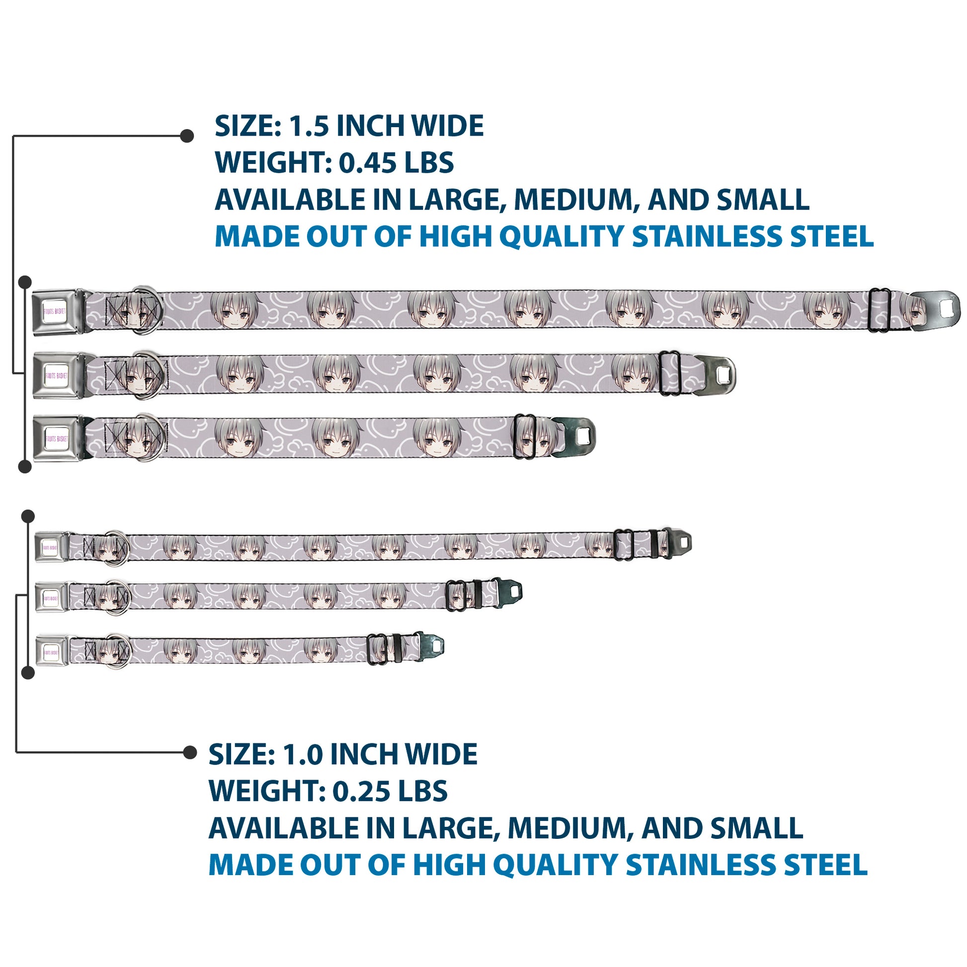 FRUITS BASKET Title Logo Full Color White/Purple Seatbelt Buckle Collar - Fruits Basket Chibi Yuki Soma Face and Kimono Rat Icon Gray/White Seatbelt Buckle Collars Fruits Basket
