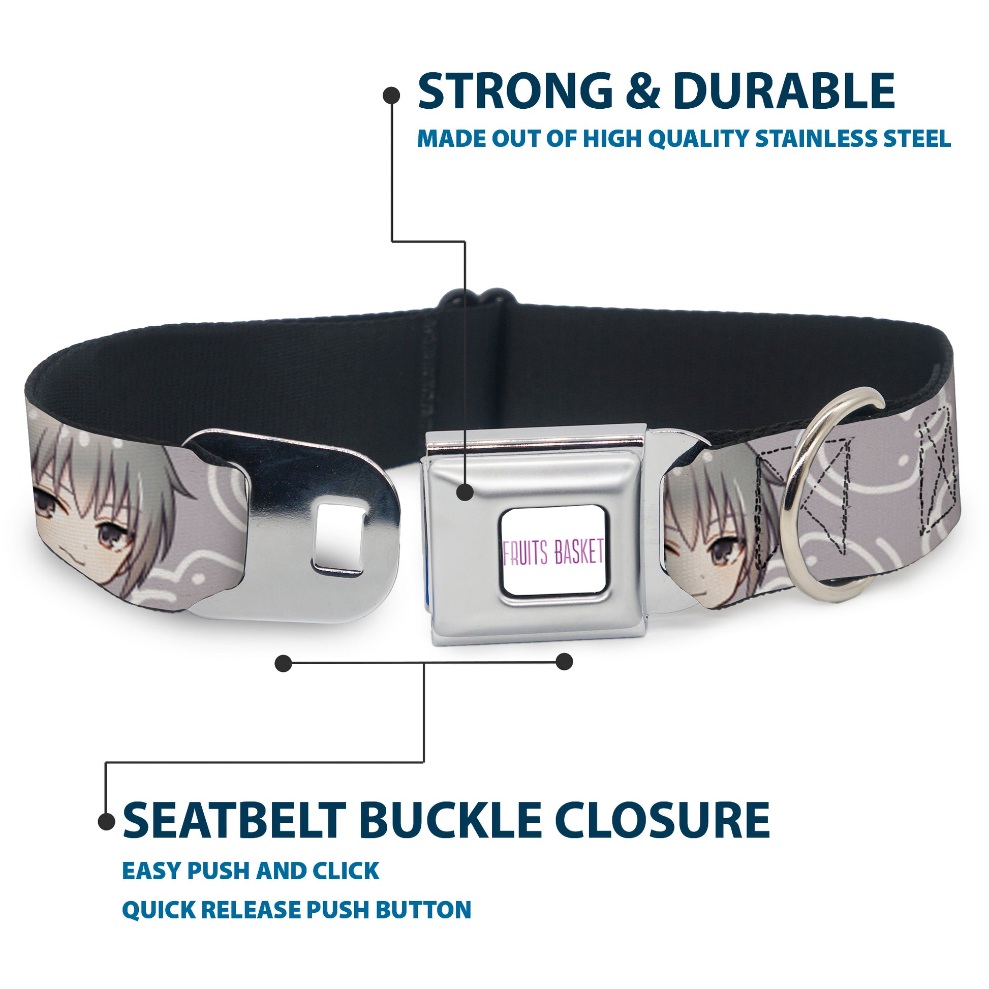 FRUITS BASKET Title Logo Full Color White/Purple Seatbelt Buckle Collar - Fruits Basket Chibi Yuki Soma Face and Kimono Rat Icon Gray/White Seatbelt Buckle Collars Fruits Basket