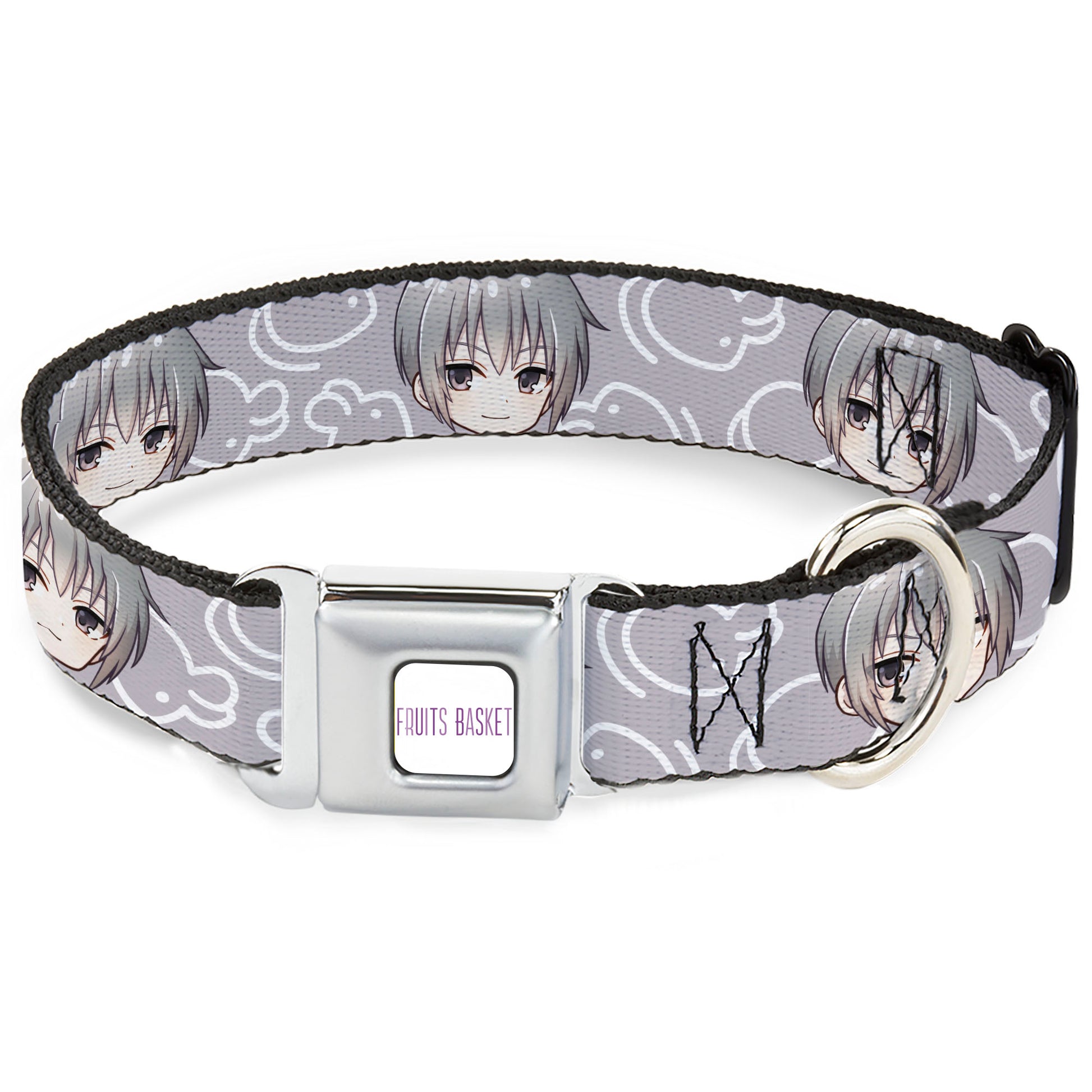 FRUITS BASKET Title Logo Full Color White/Purple Seatbelt Buckle Collar - Fruits Basket Chibi Yuki Soma Face and Kimono Rat Icon Gray/White Seatbelt Buckle Collars Fruits Basket