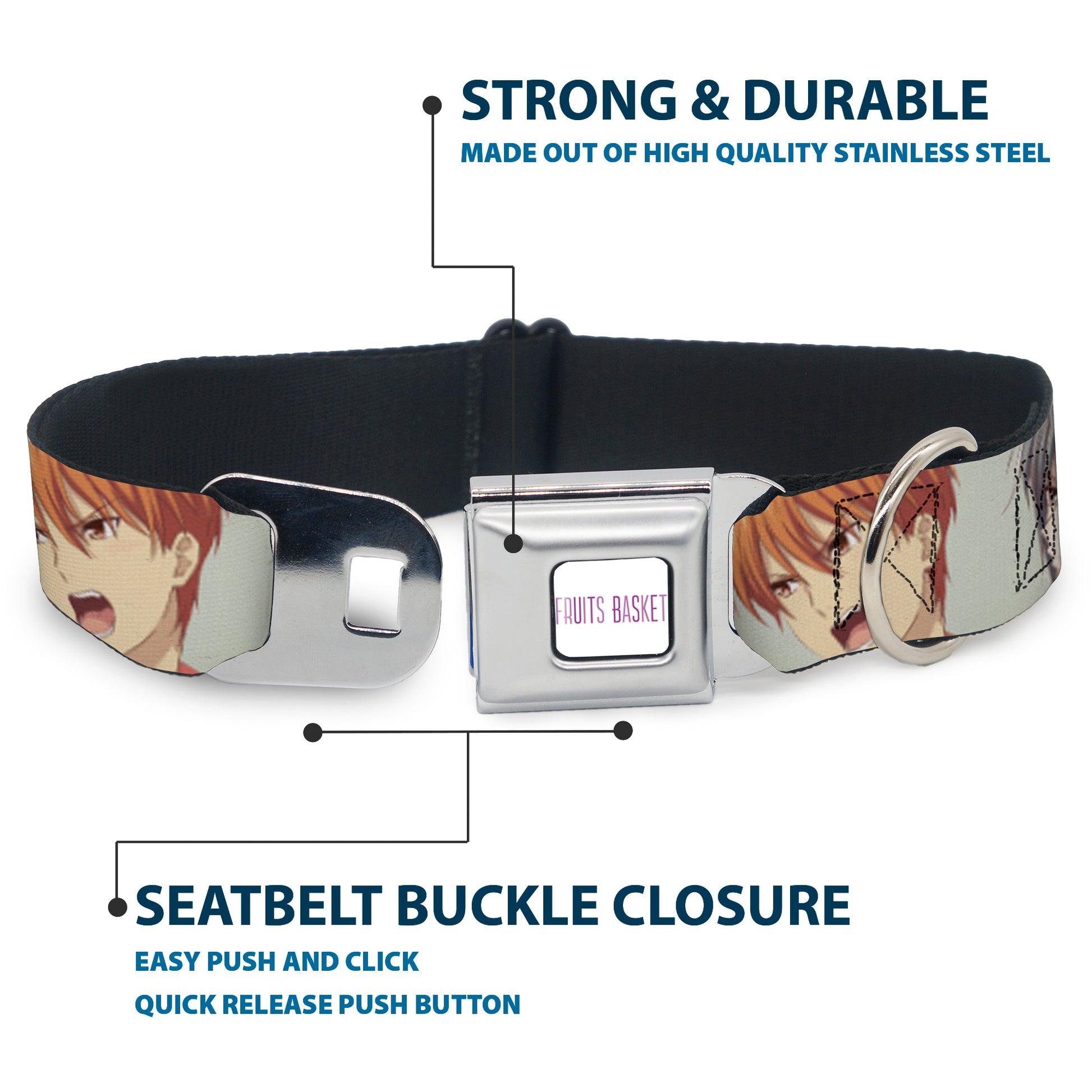 FRUITS BASKET Title Logo Full Color White/Purple Seatbelt Buckle Collar - Fruits Basket Kyo Yuki Shigure Group Faces Mint Green Seatbelt Buckle Collars Fruits Basket