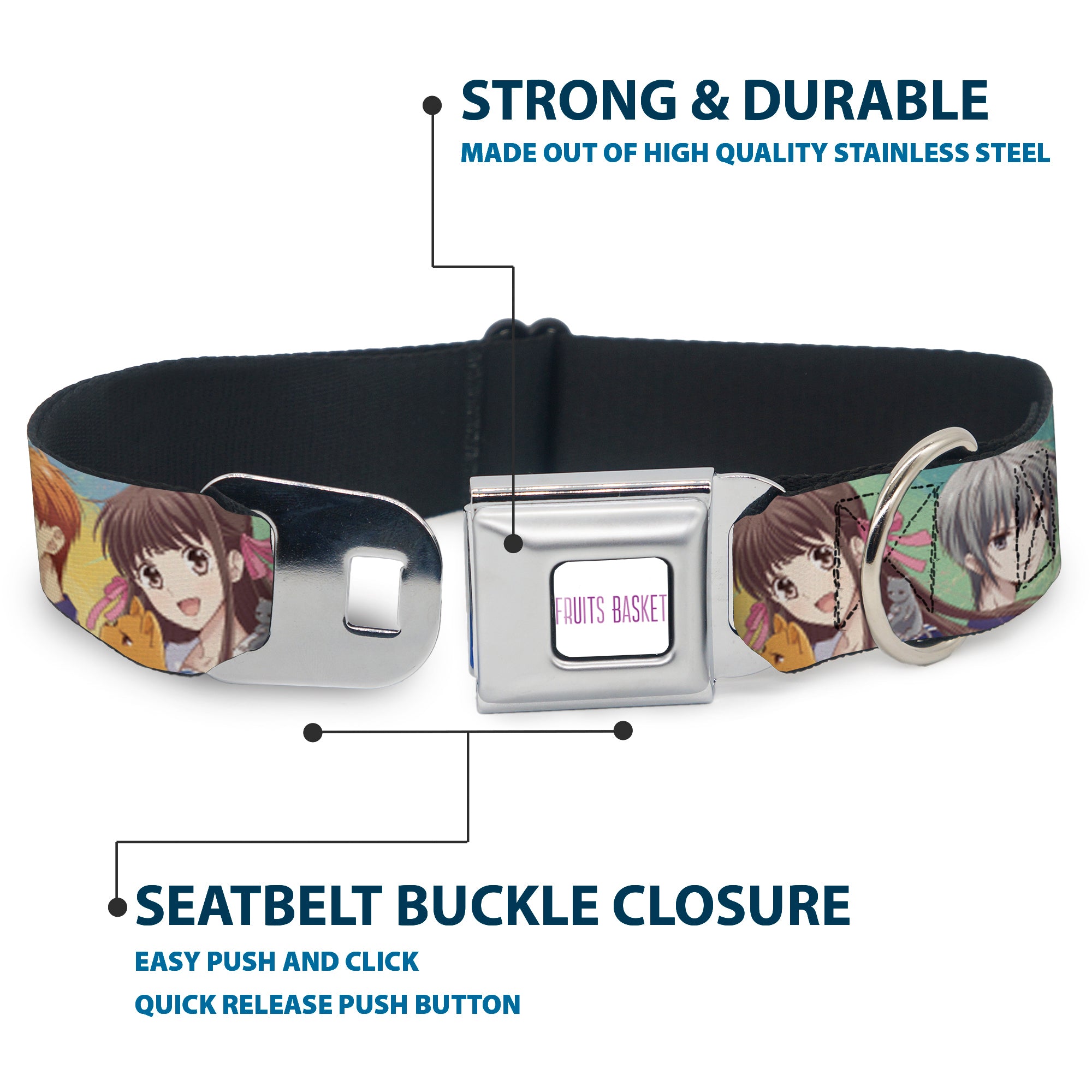 FRUITS BASKET Title Logo Full Color White/Purple Seatbelt Buckle Collar - Fruits Basket Kyo Tohru Yuki Group Pose Greens/Blues Seatbelt Buckle Collars Fruits Basket