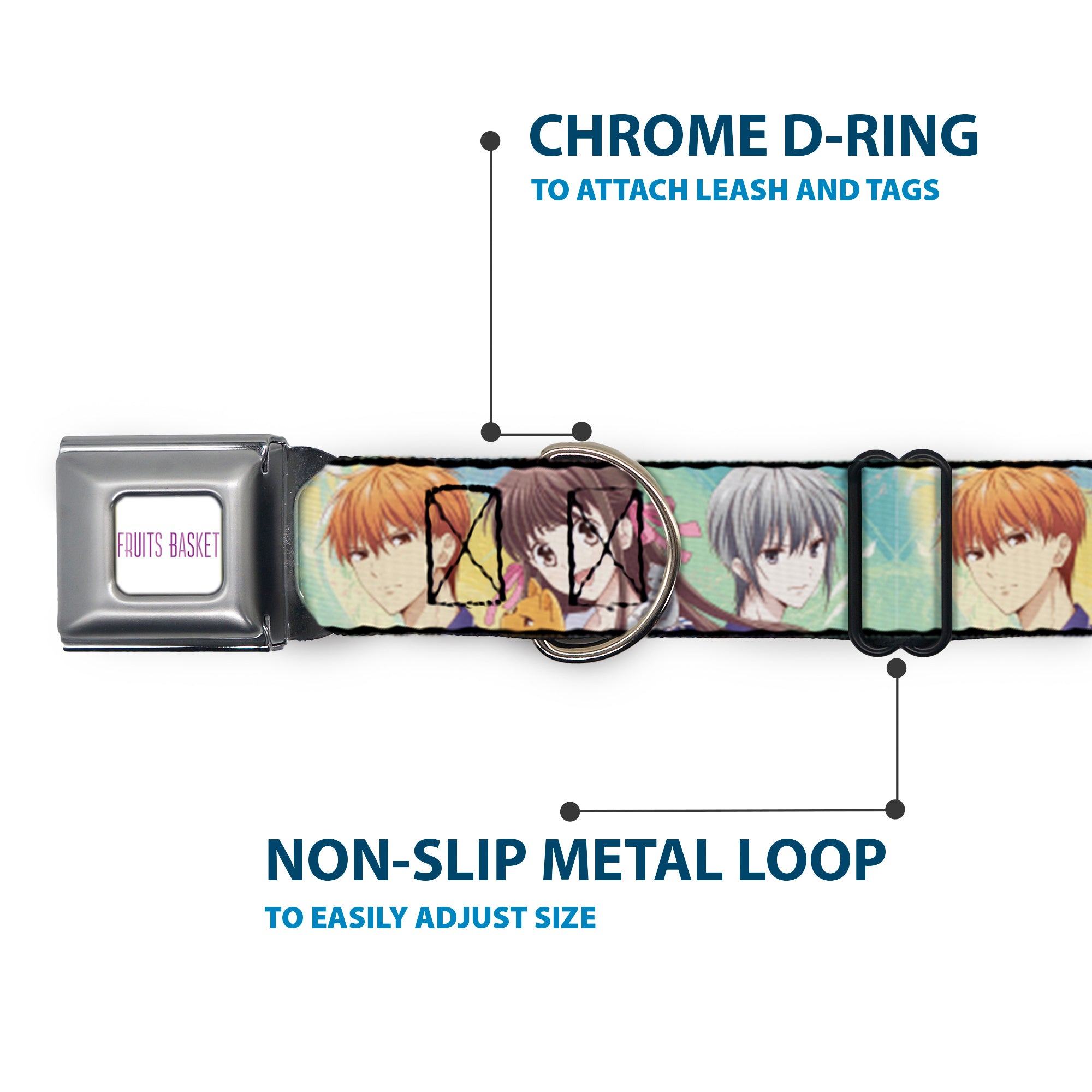 FRUITS BASKET Title Logo Full Color White/Purple Seatbelt Buckle Collar - Fruits Basket Kyo Tohru Yuki Group Pose Greens/Blues Seatbelt Buckle Collars Fruits Basket