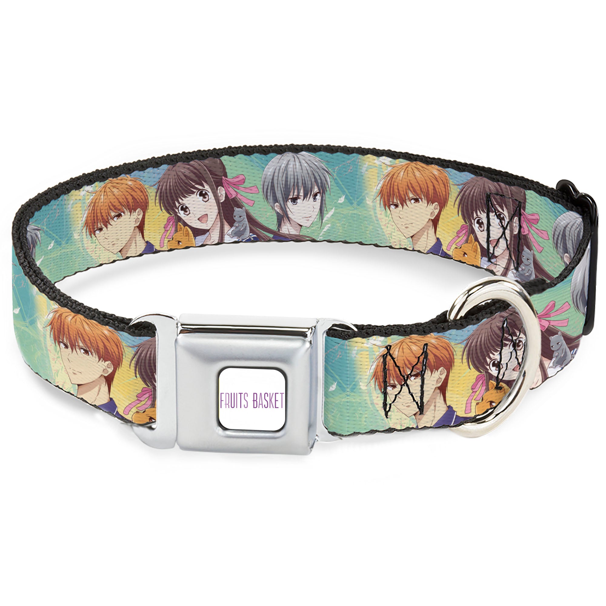 FRUITS BASKET Title Logo Full Color White/Purple Seatbelt Buckle Collar - Fruits Basket Kyo Tohru Yuki Group Pose Greens/Blues Seatbelt Buckle Collars Fruits Basket