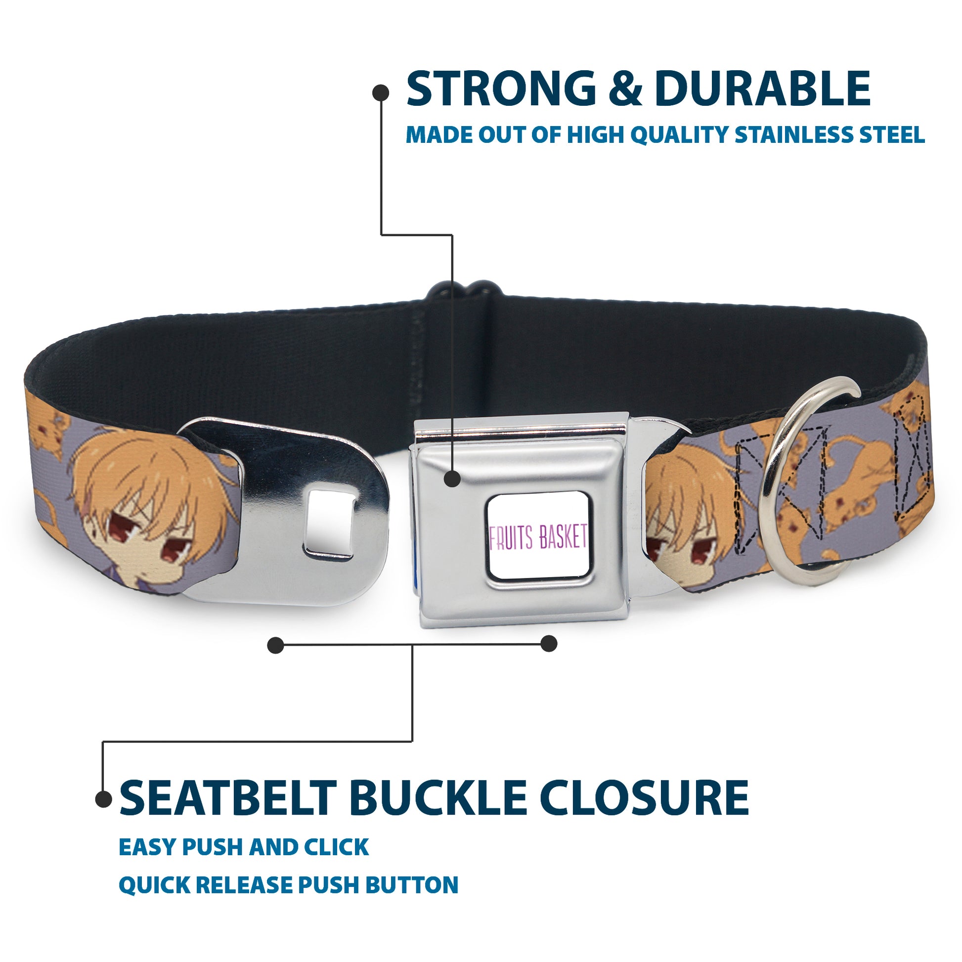FRUITS BASKET Title Logo Full Color White/Purple Seatbelt Buckle Collar - Fruits Basket Chibi Kyo Soma and Cat Scattered Blue/Orange Seatbelt Buckle Collars Fruits Basket