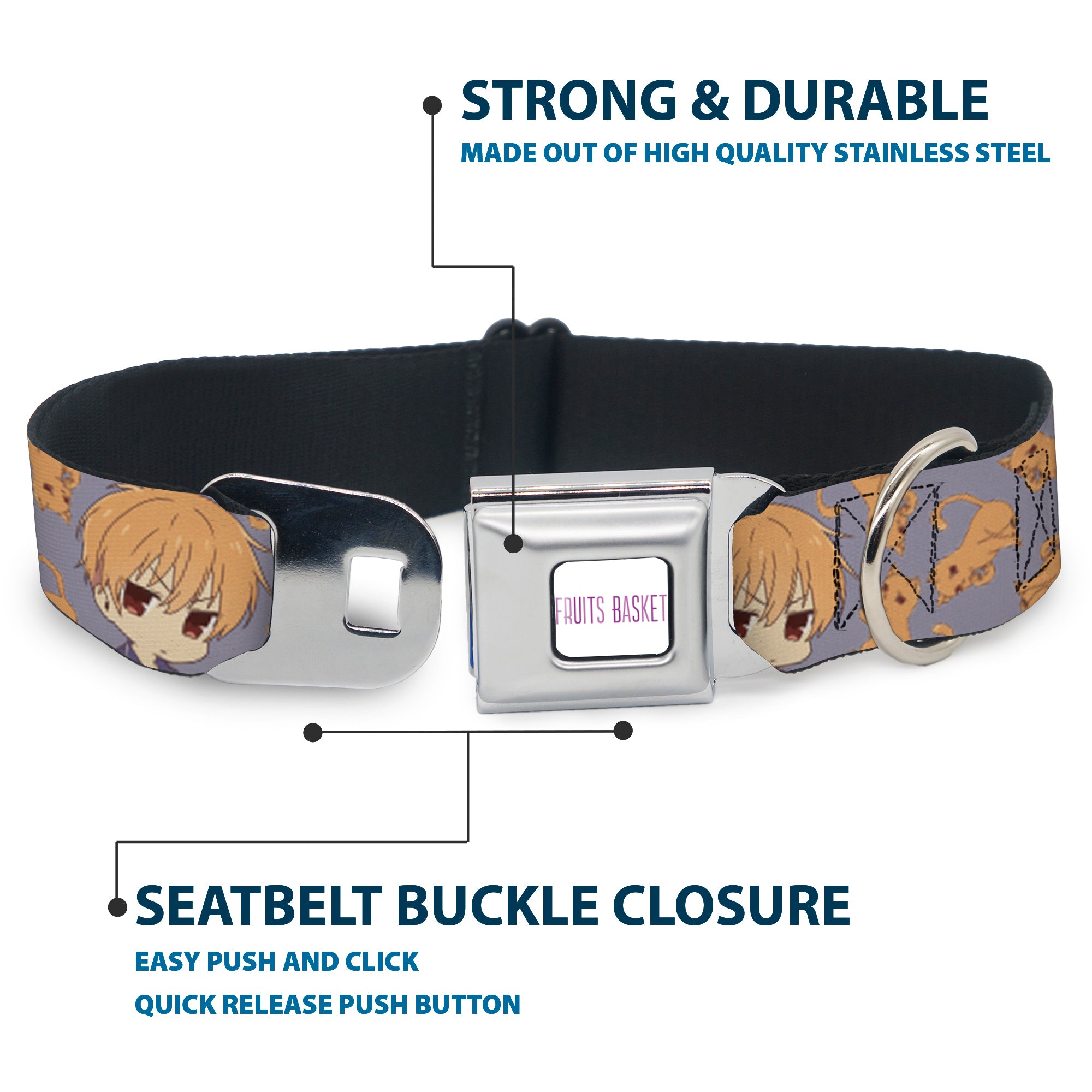 FRUITS BASKET Title Logo Full Color White/Purple Seatbelt Buckle Collar - Fruits Basket Chibi Kyo Soma and Cat Scattered Blue/Orange Seatbelt Buckle Collars Fruits Basket