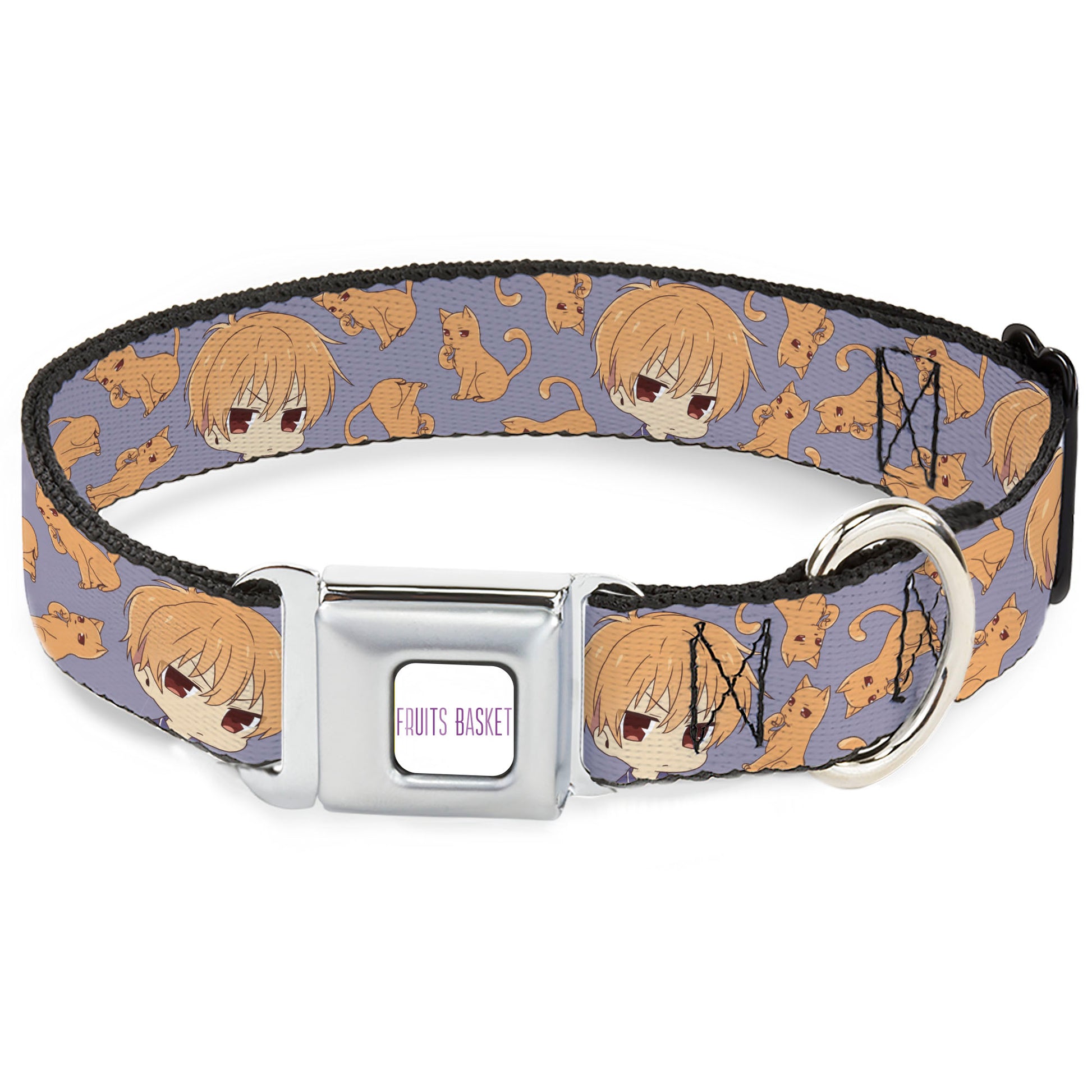 FRUITS BASKET Title Logo Full Color White/Purple Seatbelt Buckle Collar - Fruits Basket Chibi Kyo Soma and Cat Scattered Blue/Orange Seatbelt Buckle Collars Fruits Basket