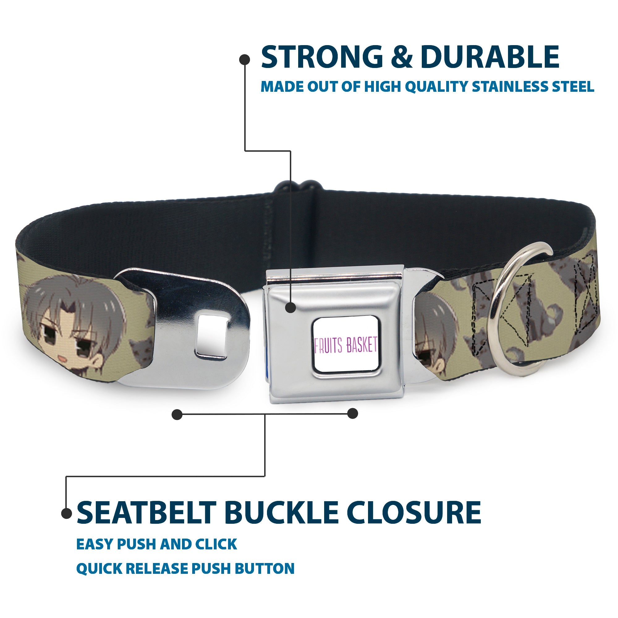 FRUITS BASKET Title Logo Full Color White/Purple Seatbelt Buckle Collar - Fruits Basket Chibi Shigure Soma and Dog Scattered Olive/Gray Seatbelt Buckle Collars Fruits Basket