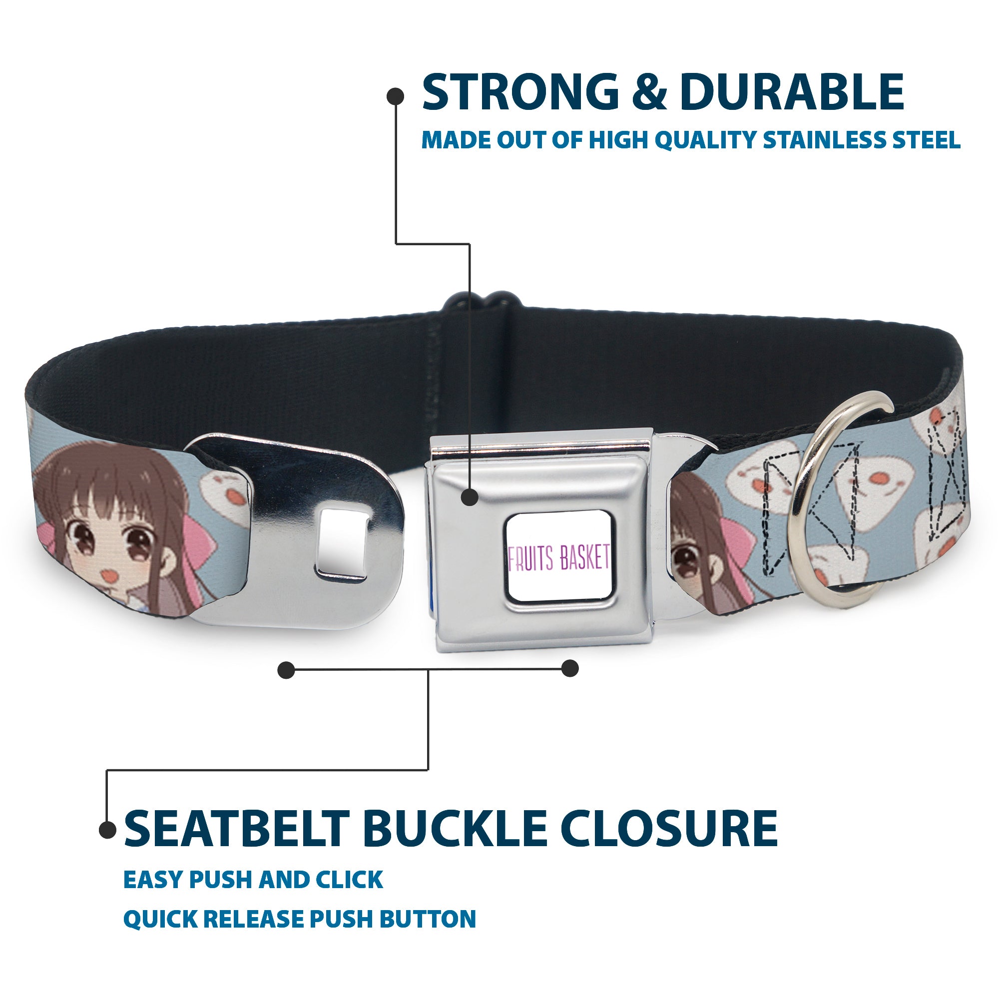FRUITS BASKET Title Logo Full Color White/Purple Seatbelt Buckle Collar - Fruits Basket Chibi Tohru Honda and Rice Ball Scattered Light Blue Seatbelt Buckle Collars Fruits Basket