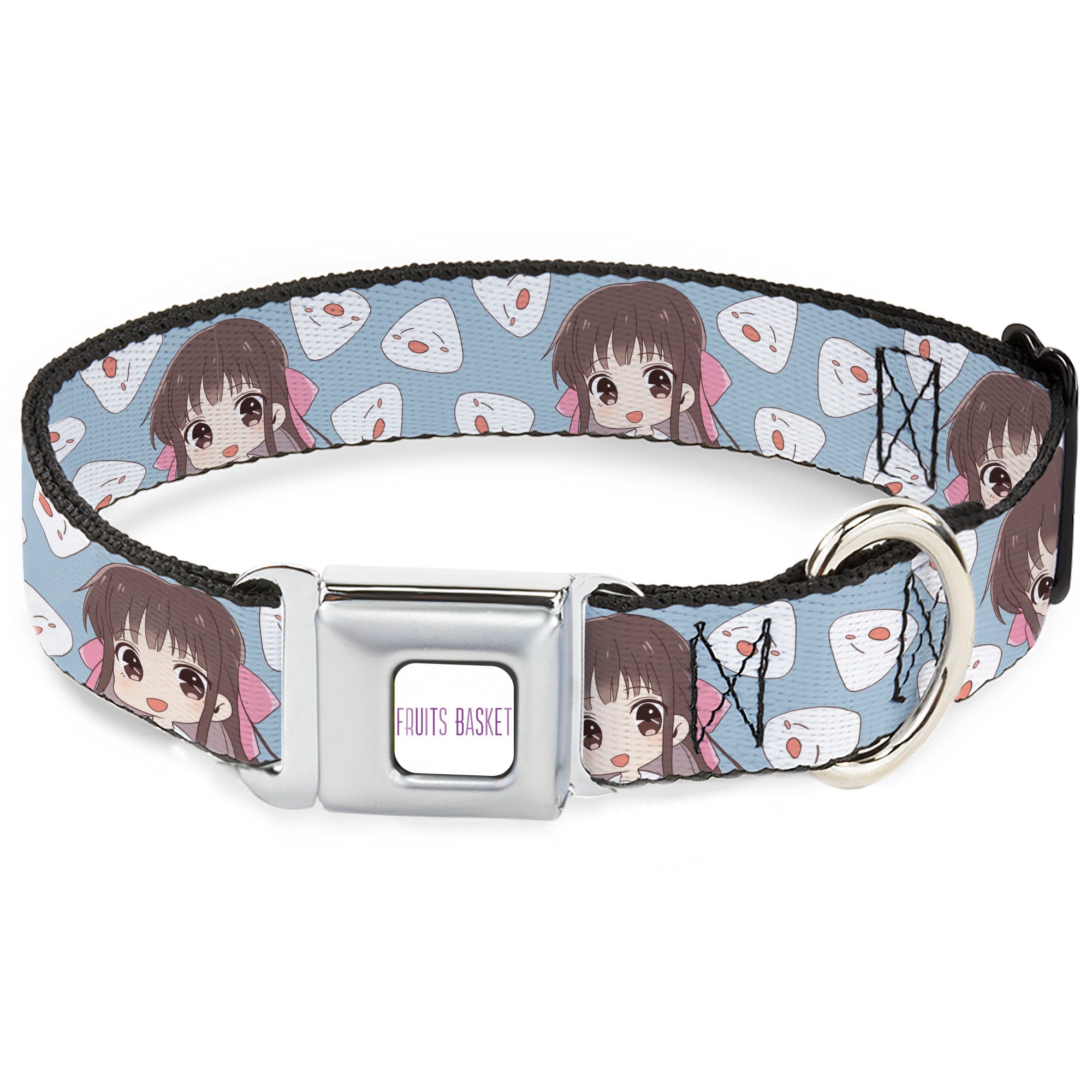 FRUITS BASKET Title Logo Full Color White/Purple Seatbelt Buckle Collar - Fruits Basket Chibi Tohru Honda and Rice Ball Scattered Light Blue Seatbelt Buckle Collars Fruits Basket