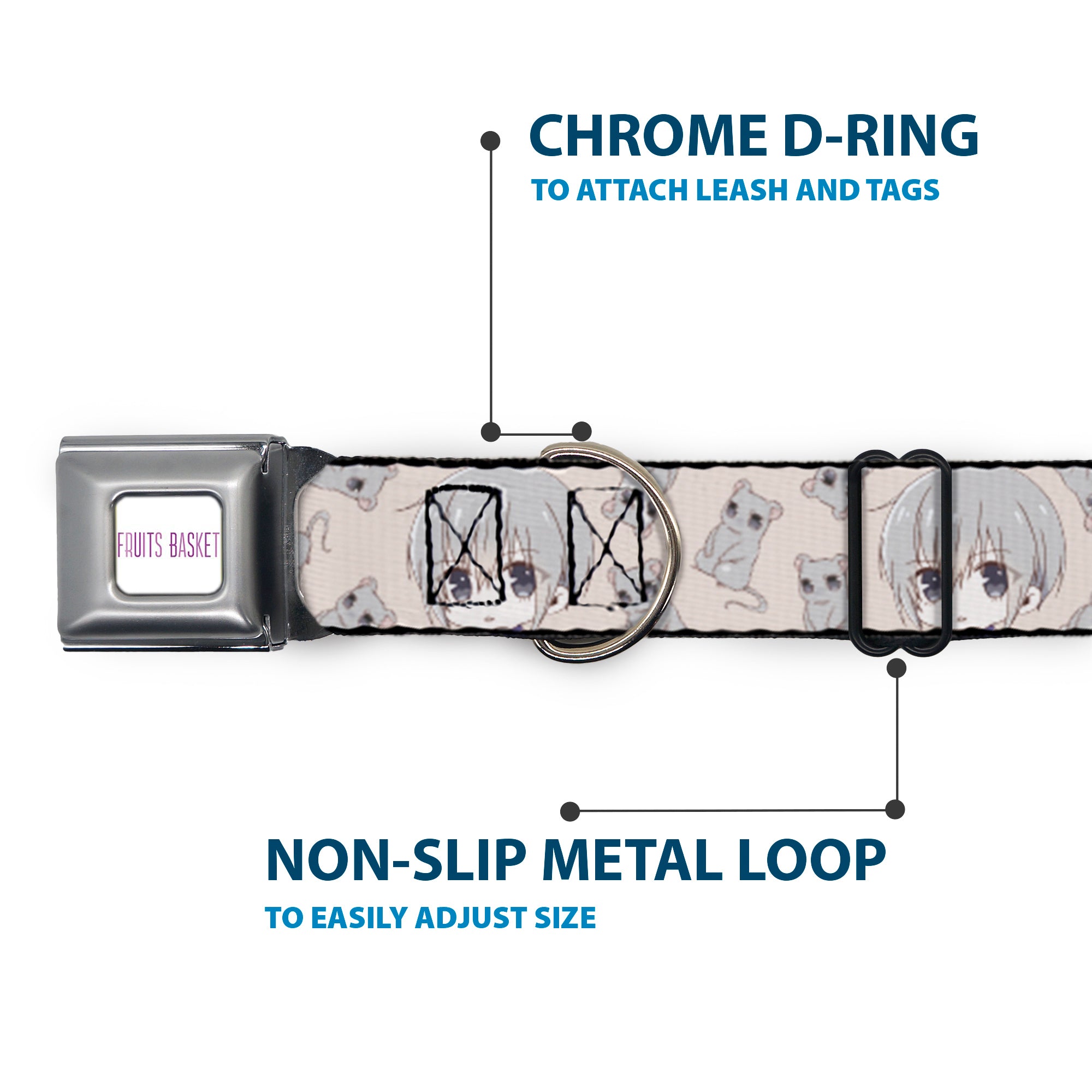 FRUITS BASKET Title Logo Full Color White/Purple Seatbelt Buckle Collar - Fruits Basket Chibi Yuki Soma and Rat Scattered Beige/Gray Seatbelt Buckle Collars Fruits Basket