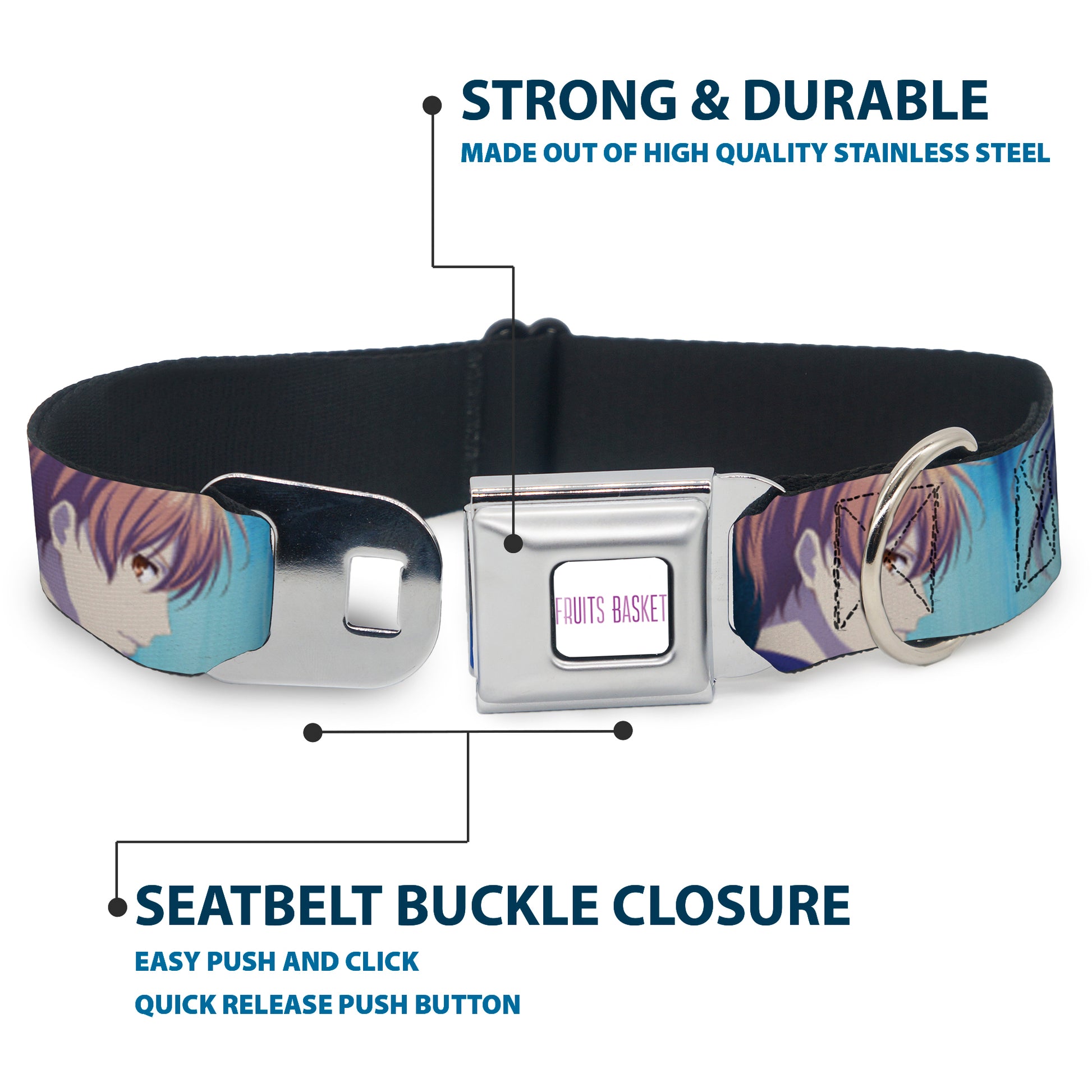 FRUITS BASKET Title Logo Full Color White/Purple Seatbelt Buckle Collar - Fruits Basket Yuki Tohru Kyo Final Season Group Pose Blues Seatbelt Buckle Collars Fruits Basket