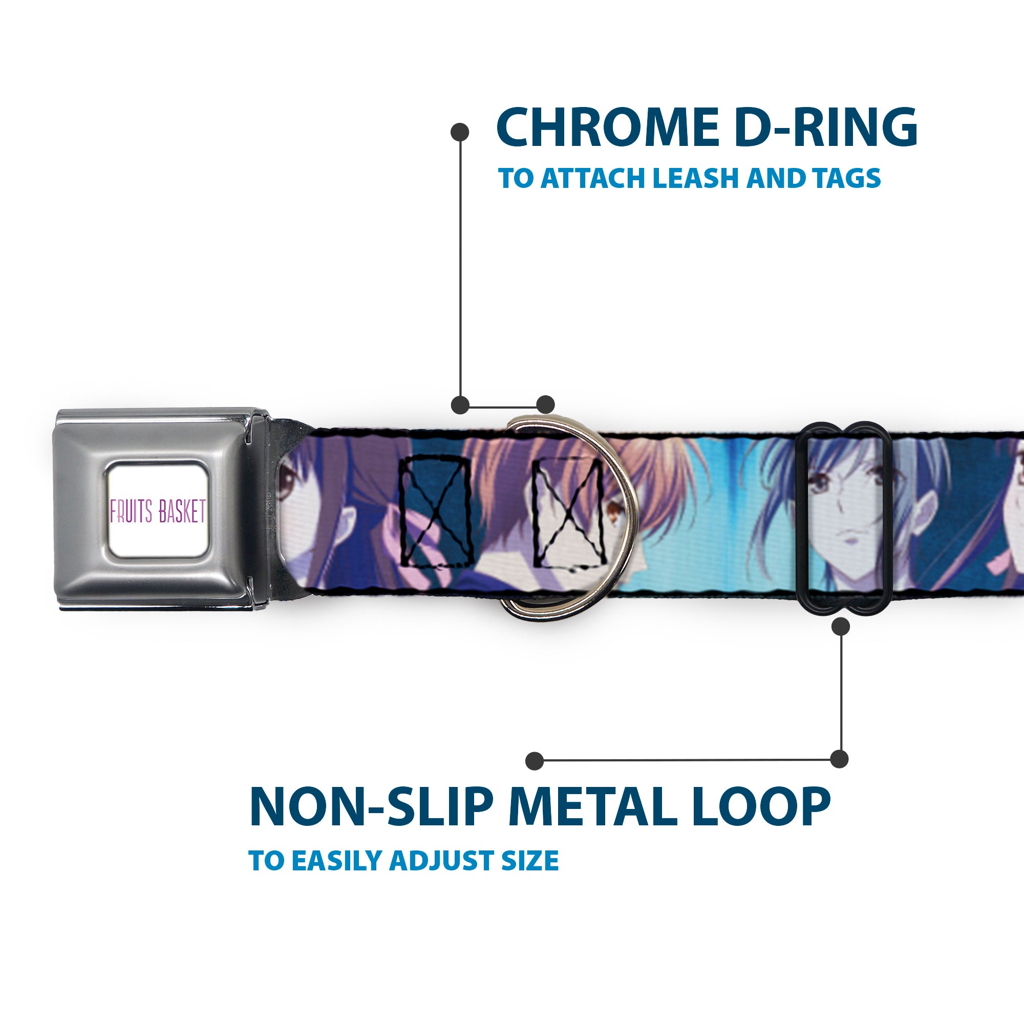 FRUITS BASKET Title Logo Full Color White/Purple Seatbelt Buckle Collar - Fruits Basket Yuki Tohru Kyo Final Season Group Pose Blues Seatbelt Buckle Collars Fruits Basket