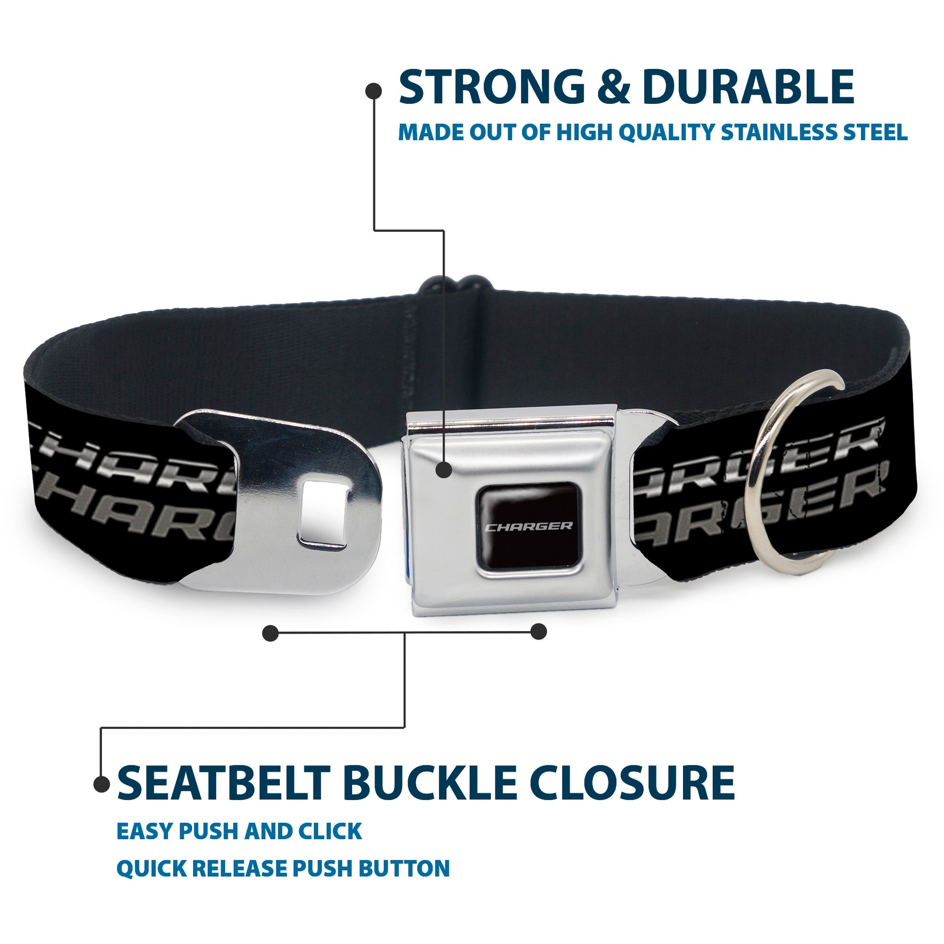 CHARGER Text Black Silver Seatbelt Buckle Collar - CHARGER Double Repeat Black/Gray Seatbelt Buckle Collars Dodge