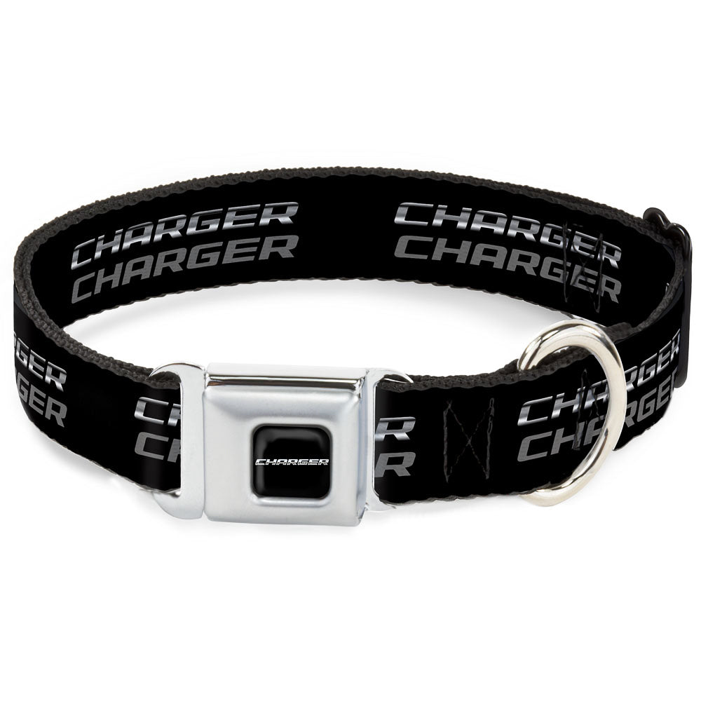 CHARGER Text Black Silver Seatbelt Buckle Collar - CHARGER Double Repeat Black/Gray Seatbelt Buckle Collars Dodge