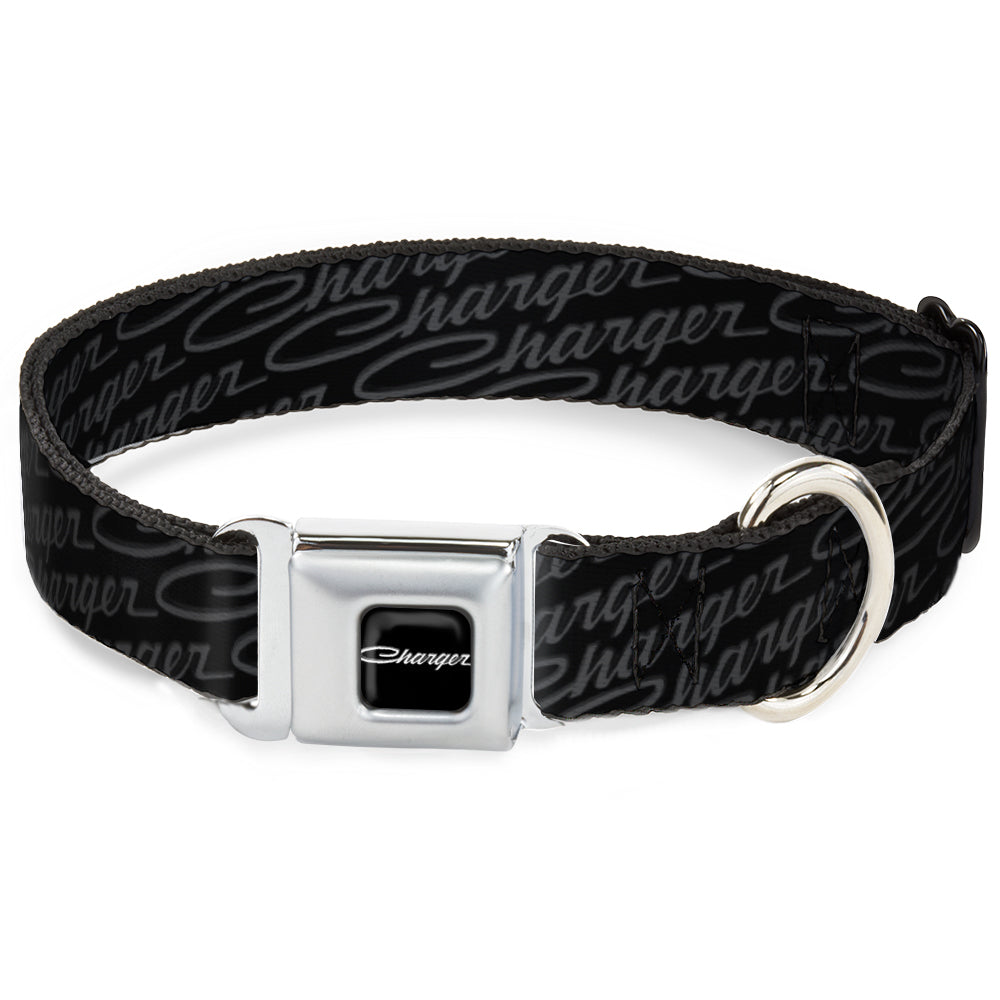 CHARGER Script Emblem Corner Full Color Black/Silver Fade/White Seatbelt Buckle Collar - CHARGER Script Emblem Repeat Black/Grays Seatbelt Buckle Collars Dodge