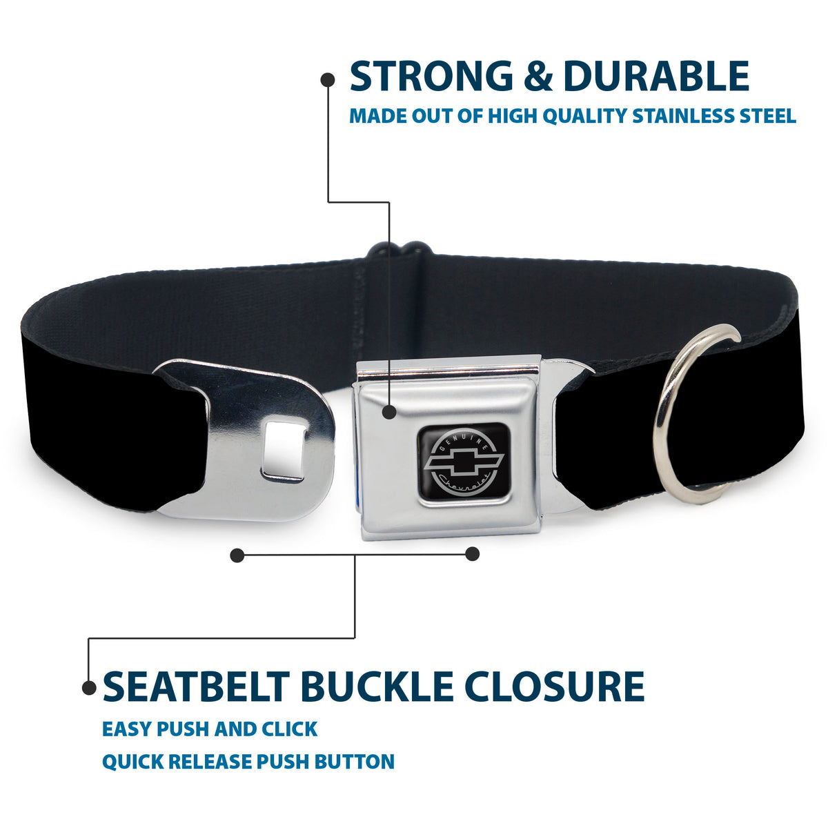 Chevy Bowtie Black Silver Seatbelt Buckle Collar - Chevy Bowtie Logo REPEAT Dog Collars Seatbelt Buckle GM General Motors