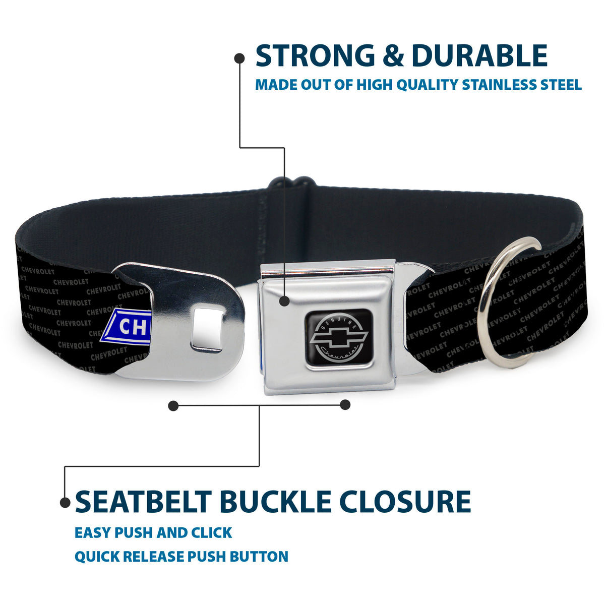 Chevy Bowtie Black Silver Seatbelt Buckle Collar - Chevy Bowtie REPEAT w/Text Dog Collars Seatbelt Buckle GM General Motors