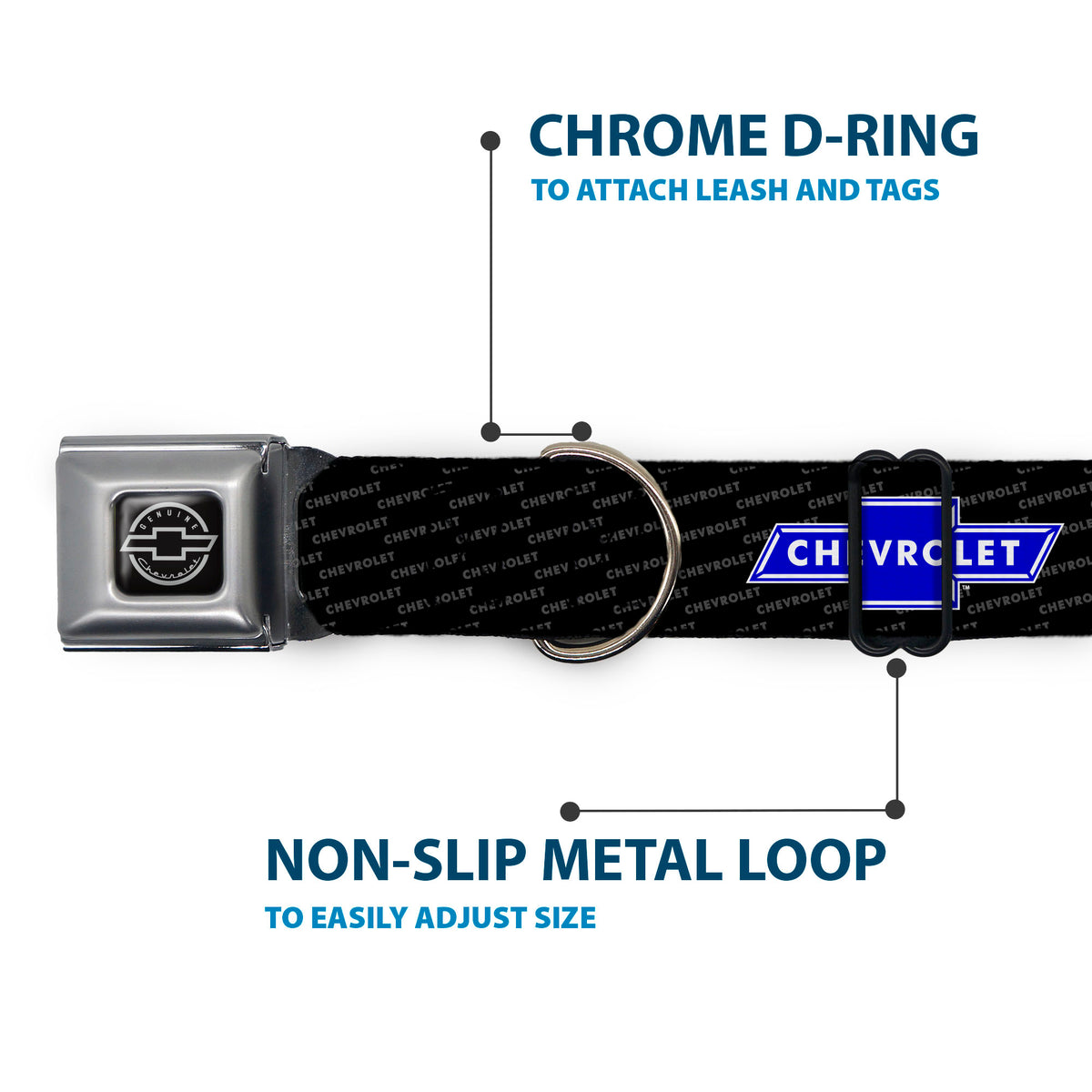 Chevy Bowtie Black Silver Seatbelt Buckle Collar - Chevy Bowtie REPEAT w/Text Dog Collars Seatbelt Buckle GM General Motors