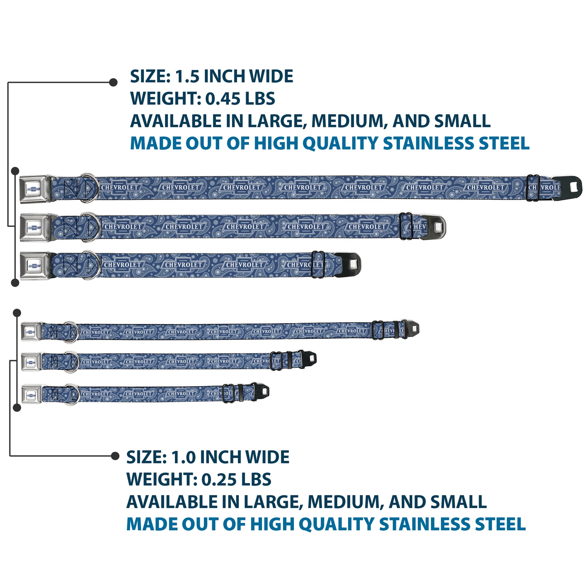 CHEVROLET 1940 Bowtie Text Logo Full Color White/Blues Seatbelt Buckle Collar - CHEVROLET Bowtie Paisley Blue/White Seatbelt Buckle Collars Chevrolet