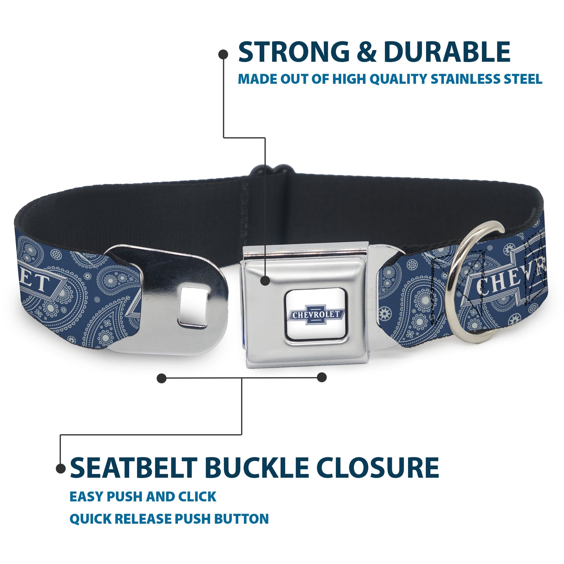 CHEVROLET 1940 Bowtie Text Logo Full Color White/Blues Seatbelt Buckle Collar - CHEVROLET Bowtie Paisley Blue/White Seatbelt Buckle Collars Chevrolet