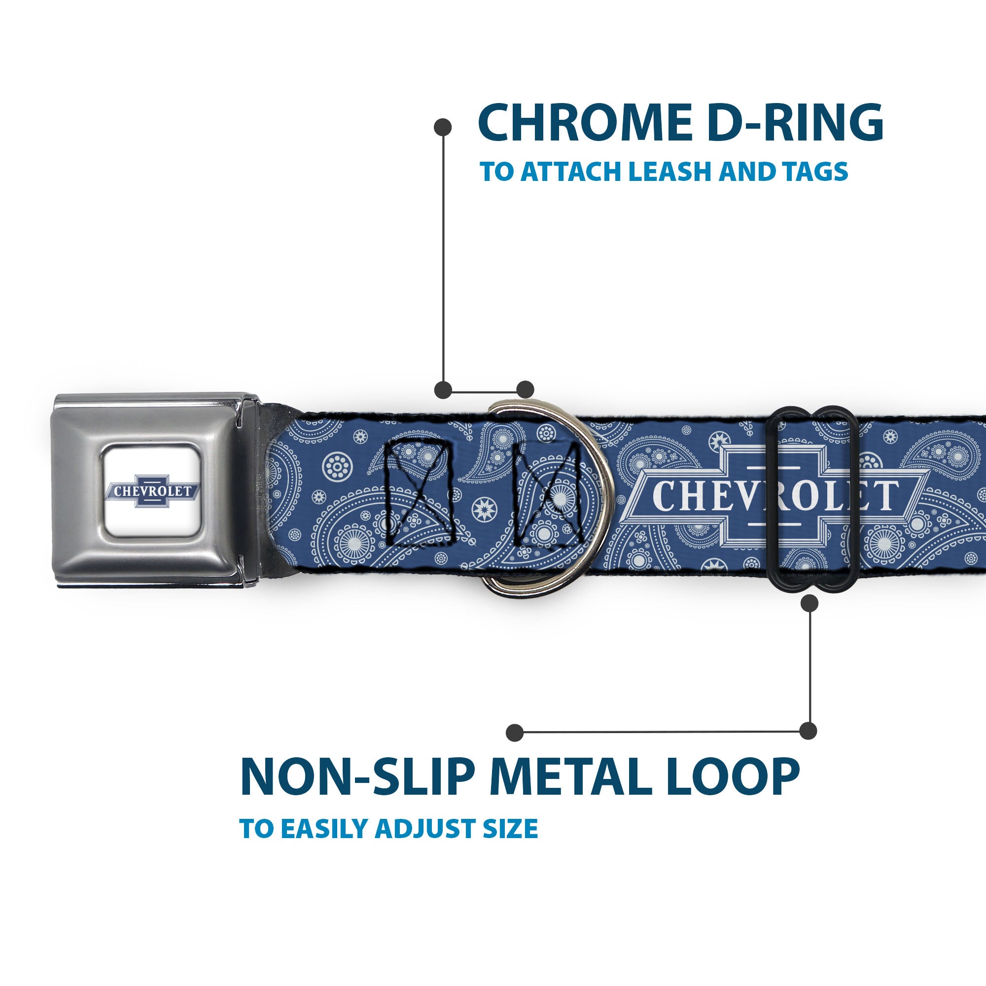 CHEVROLET 1940 Bowtie Text Logo Full Color White/Blues Seatbelt Buckle Collar - CHEVROLET Bowtie Paisley Blue/White Seatbelt Buckle Collars Chevrolet