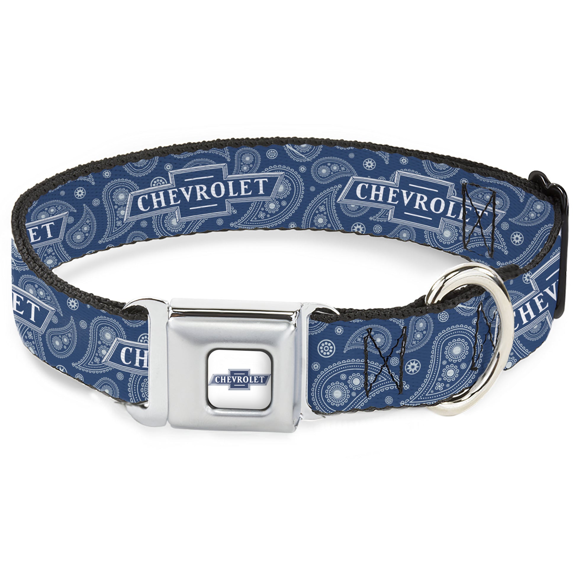 CHEVROLET 1940 Bowtie Text Logo Full Color White/Blues Seatbelt Buckle Collar - CHEVROLET Bowtie Paisley Blue/White Seatbelt Buckle Collars Chevrolet