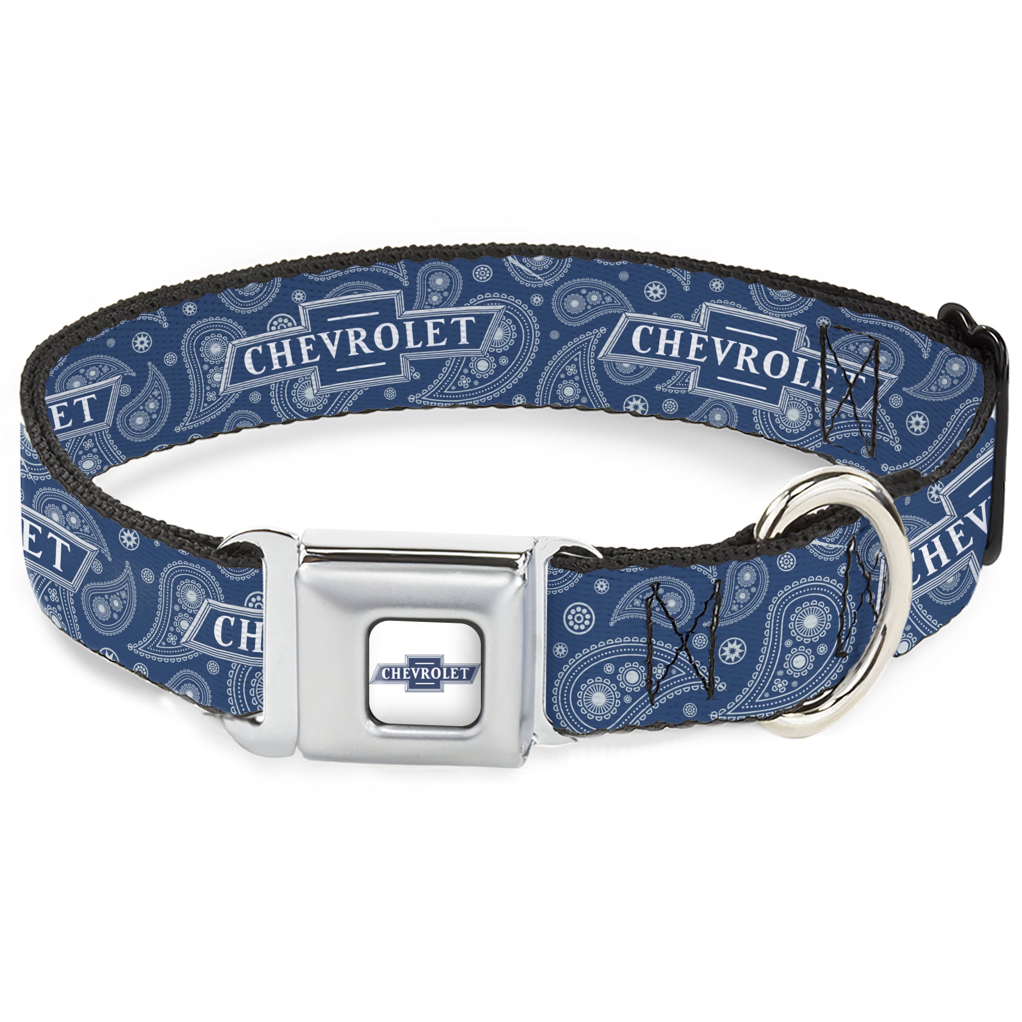 CHEVROLET 1940 Bowtie Text Logo Full Color White/Blues Seatbelt Buckle Collar - CHEVROLET Bowtie Paisley Blue/White Seatbelt Buckle Collars Chevrolet