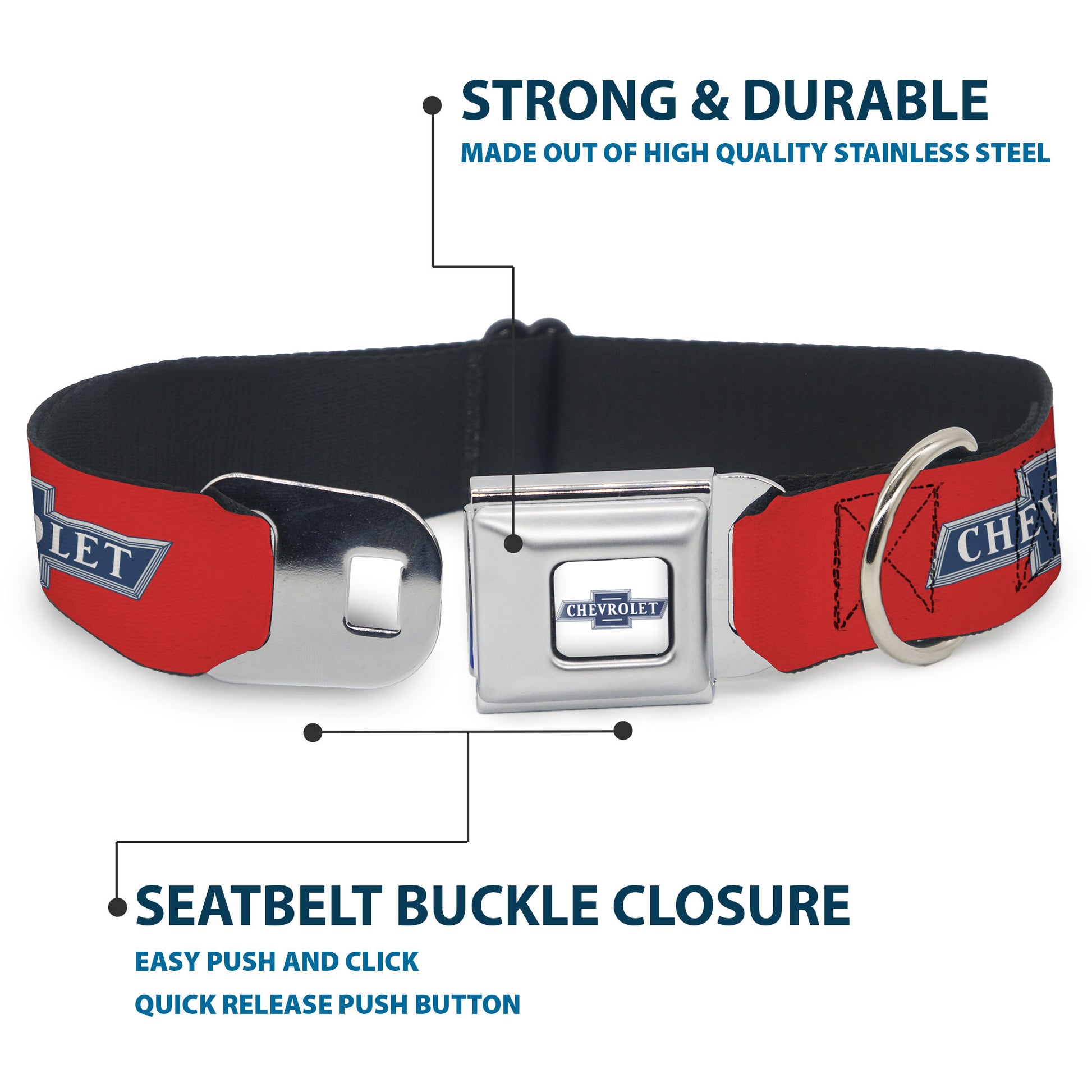 CHEVROLET 1940 Bowtie Text Logo Full Color White/Blues Seatbelt Buckle Collar - CHEVROLET 1940 Bowtie Text Logo Orange/Blue/White Seatbelt Buckle Collars Chevrolet