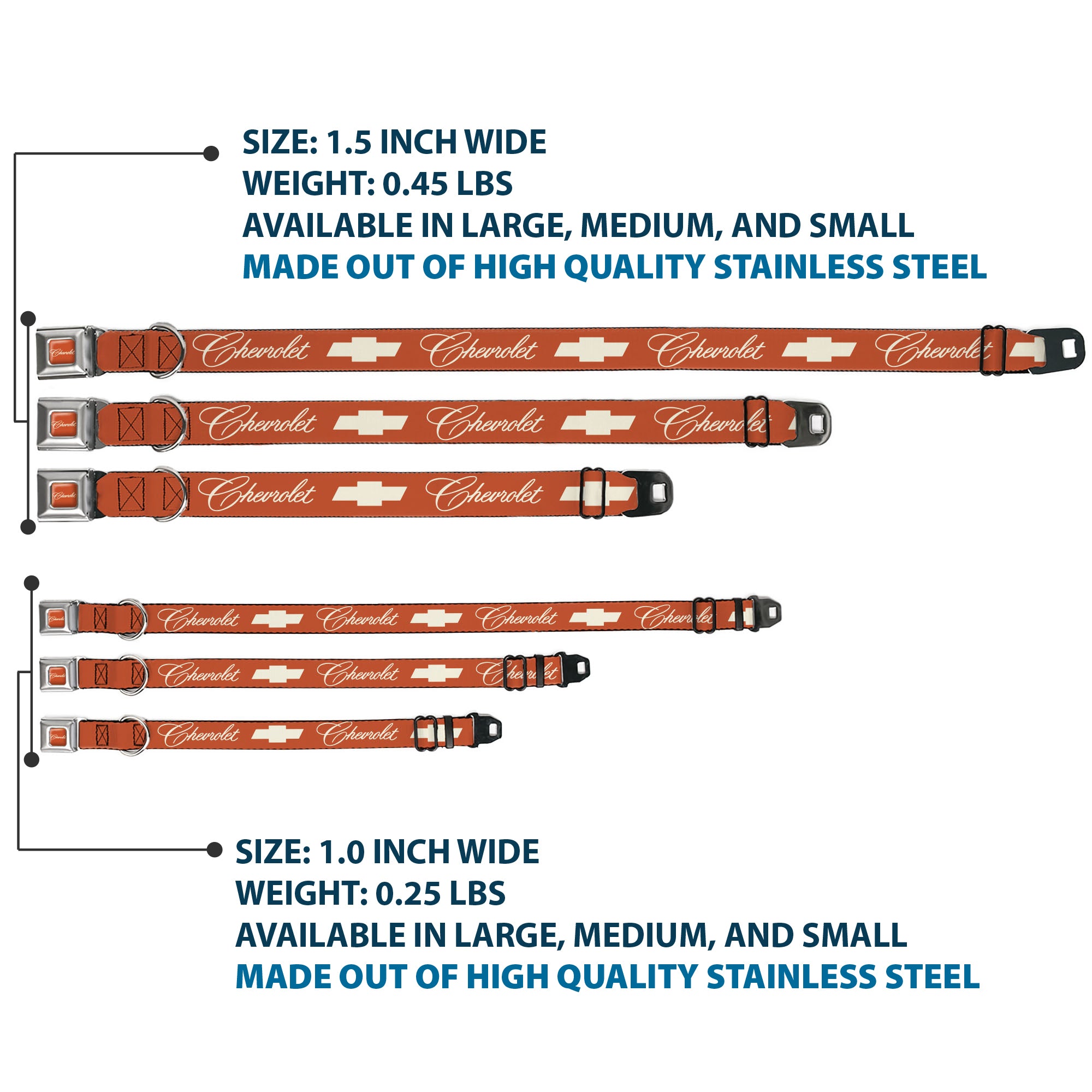 CHEVROLET Script Full Color Orange/White Seatbelt Buckle Collar - CHEVROLET Script and Bowtie Orange/White Seatbelt Buckle Collars Chevrolet