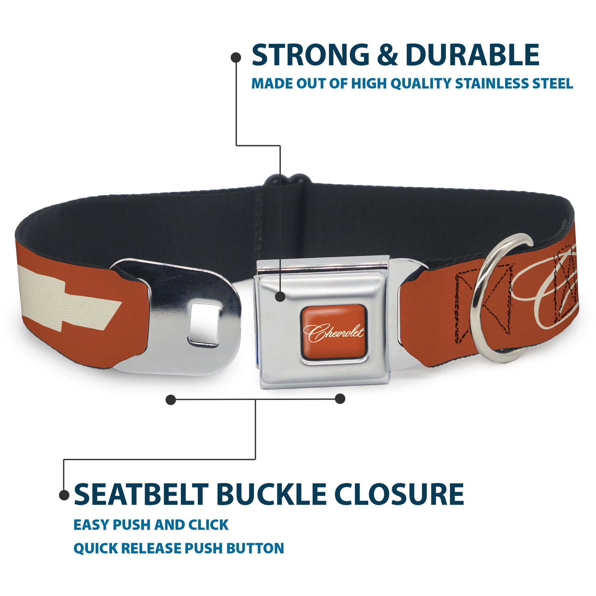 CHEVROLET Script Full Color Orange/White Seatbelt Buckle Collar - CHEVROLET Script and Bowtie Orange/White Seatbelt Buckle Collars Chevrolet