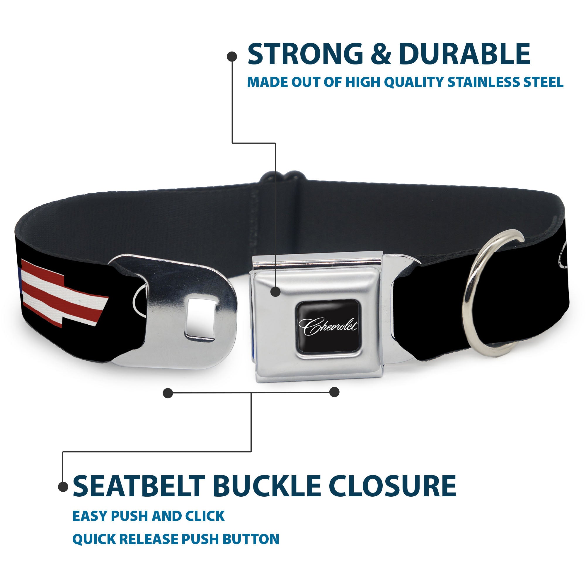 CHEVROLET Script Full Color Black/White Seatbelt Buckle Collar - CHEVROLET Script and Americana Bowtie Black Seatbelt Buckle Collars Chevrolet