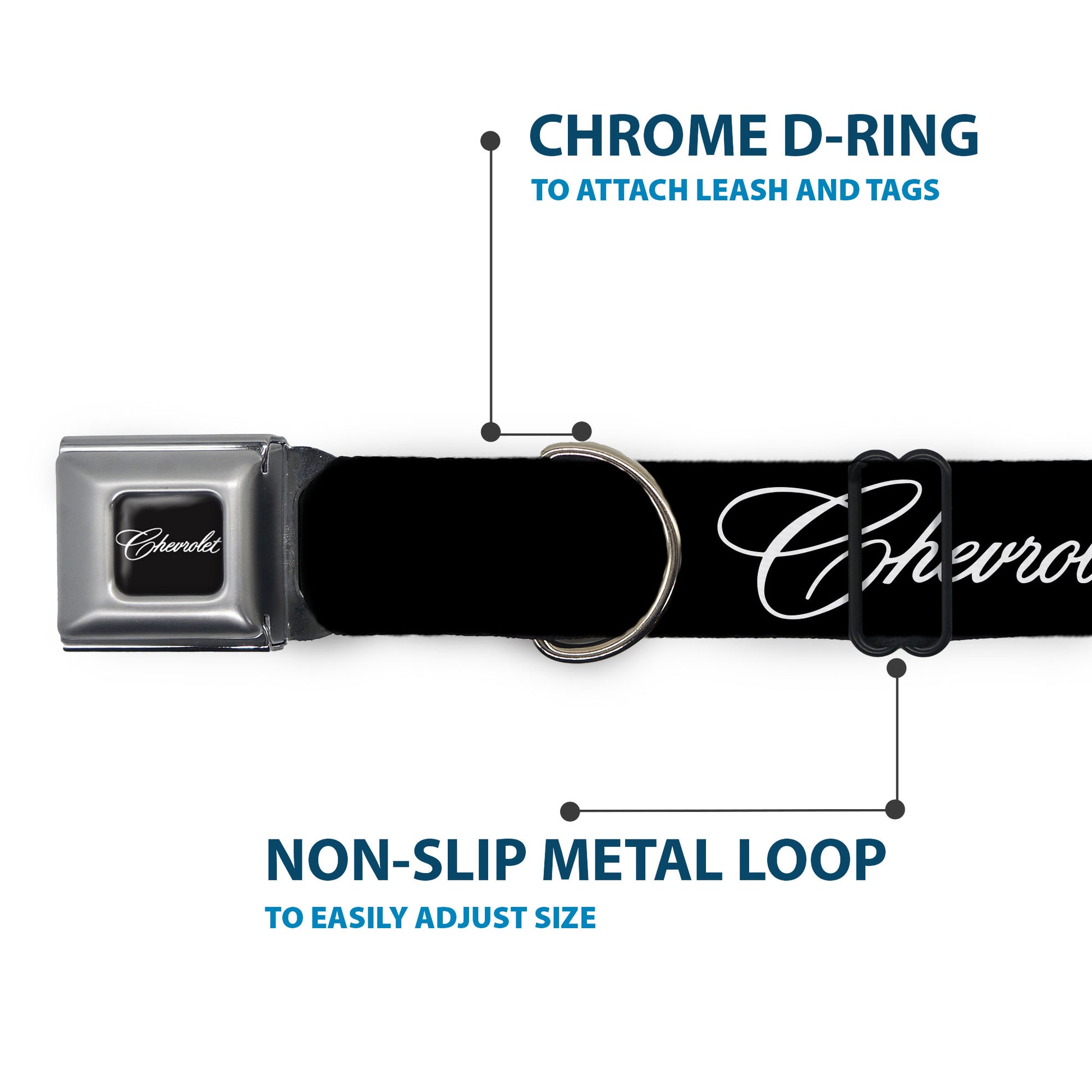 CHEVROLET Script Full Color Black/White Seatbelt Buckle Collar - CHEVROLET Script and Americana Bowtie Black Seatbelt Buckle Collars Chevrolet