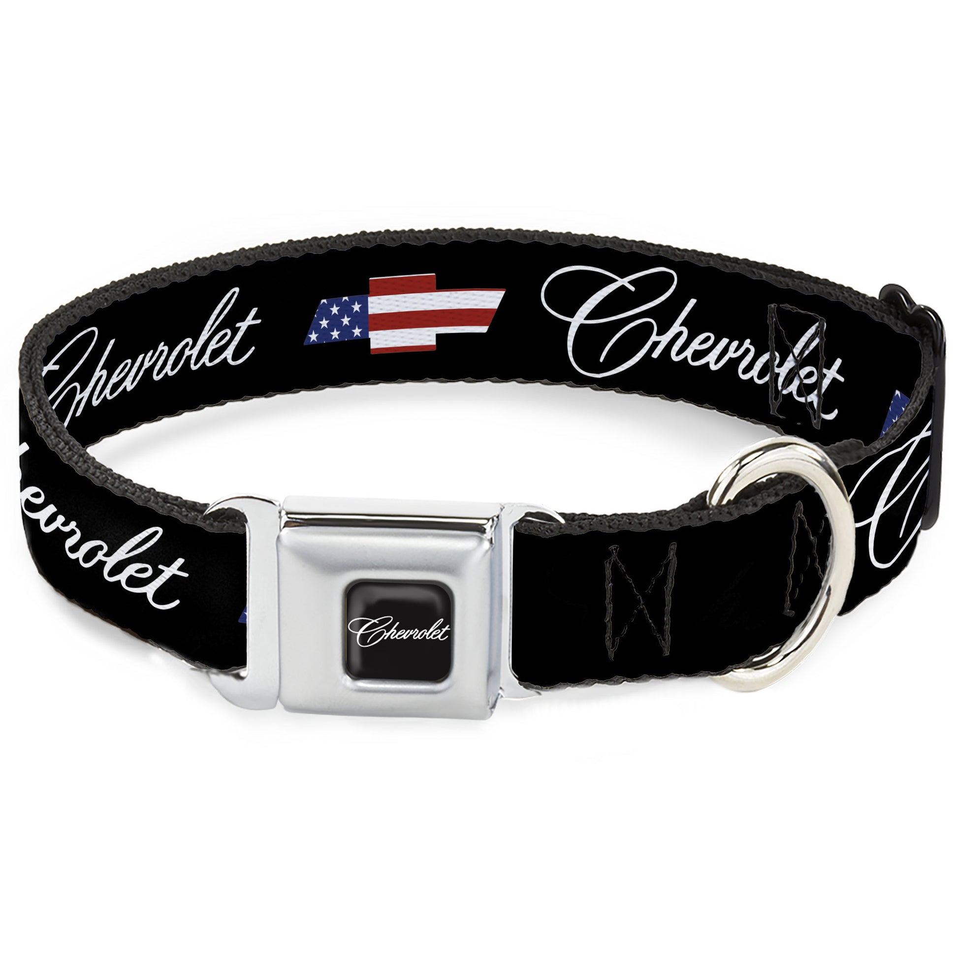 CHEVROLET Script Full Color Black/White Seatbelt Buckle Collar - CHEVROLET Script and Americana Bowtie Black Seatbelt Buckle Collars Chevrolet