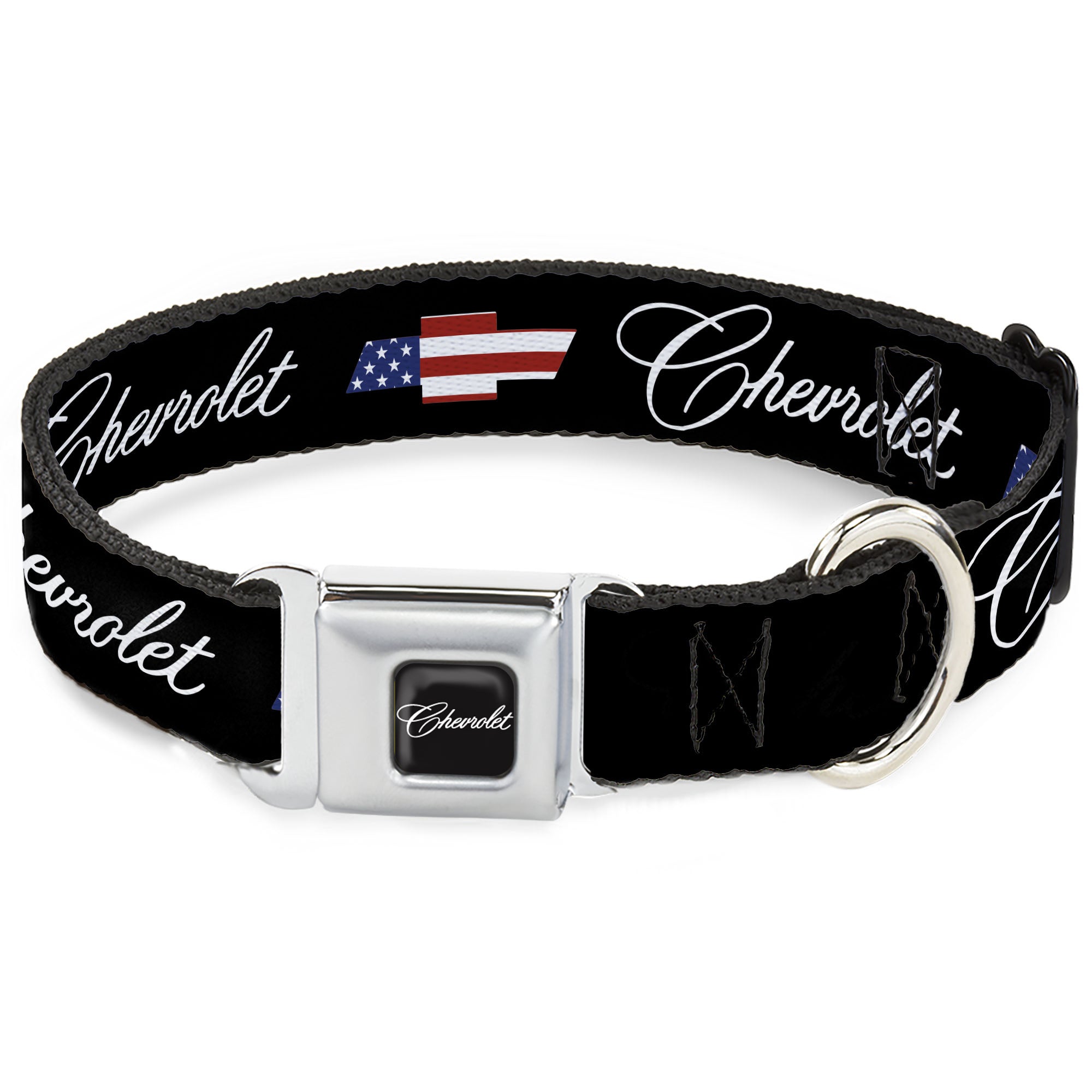 CHEVROLET Script Full Color Black/White Seatbelt Buckle Collar - CHEVROLET Script and Americana Bowtie Black Seatbelt Buckle Collars Chevrolet