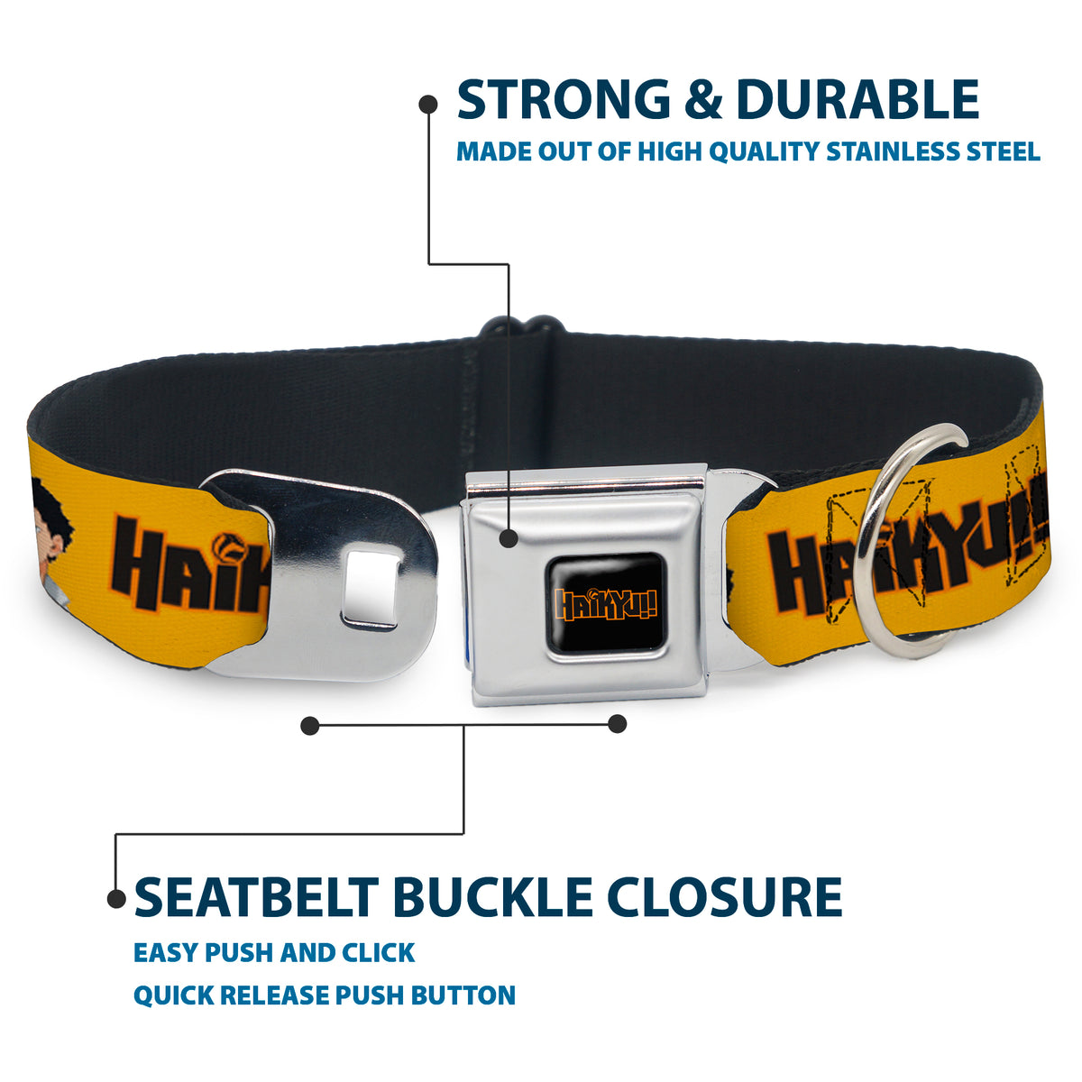 HAIKYU Title Logo Full Color Black/Orange Seatbelt Buckle Collar - HAIKYU Player Characters and Title Logo Yellow Dog Collars Seatbelt Buckle Haikyu!!