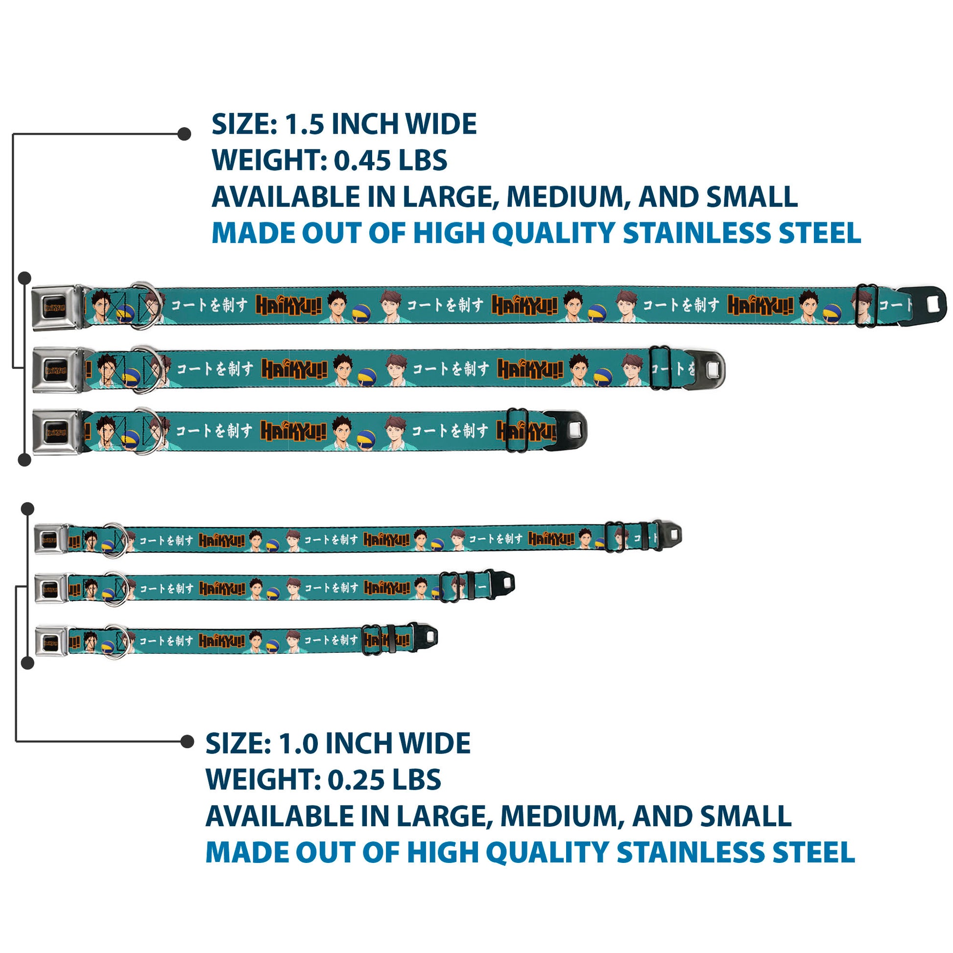 HAIKYU Title Logo Full Color Black/Orange Seatbelt Buckle Collar - HAIKYU Iwaizumi and Oikawa Control the Court Pose and Title Logo Blue Seatbelt Buckle Collars Haikyu!!