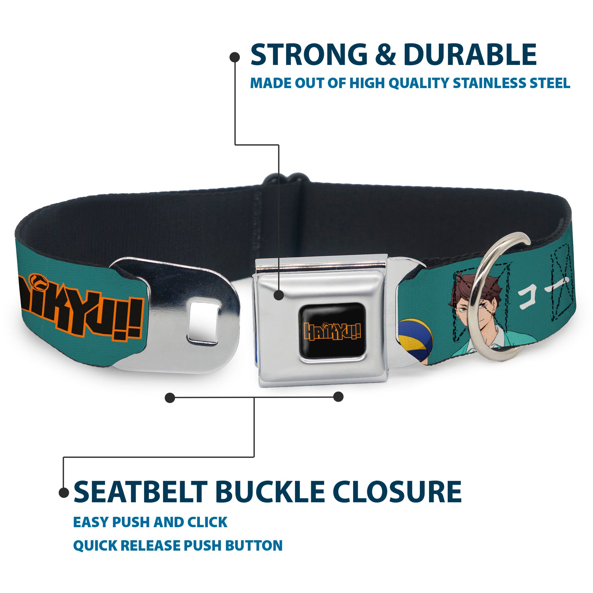 HAIKYU Title Logo Full Color Black/Orange Seatbelt Buckle Collar - HAIKYU Iwaizumi and Oikawa Control the Court Pose and Title Logo Blue Seatbelt Buckle Collars Haikyu!!