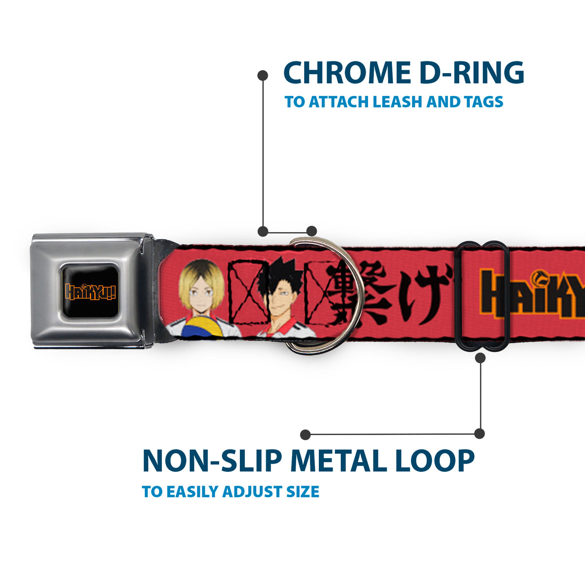 HAIKYU Title Logo Full Color Black/Orange Seatbelt Buckle Collar - HAIKYU Kozume and Kuroo Pose and Title Logo Red/Black Dog Collars Seatbelt Buckle Haikyu!!