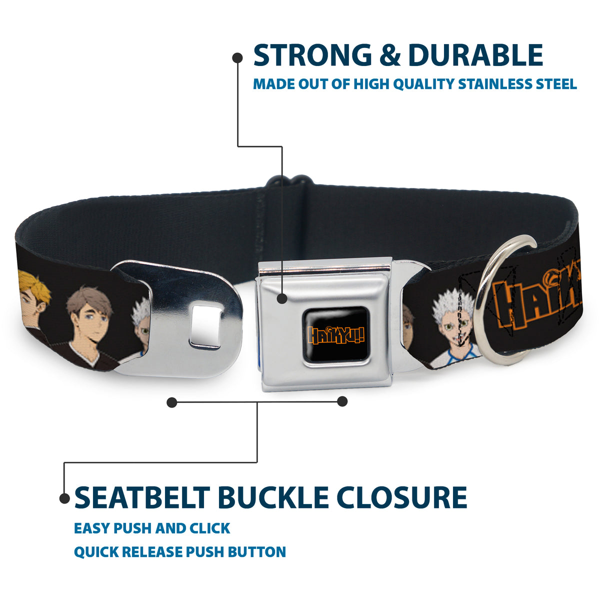 HAIKYU Title Logo Full Color Black/Orange Seatbelt Buckle Collar - HAIKYU Volleyball Team Player Groups Line Up Black Dog Collars Seatbelt Buckle Haikyu!!
