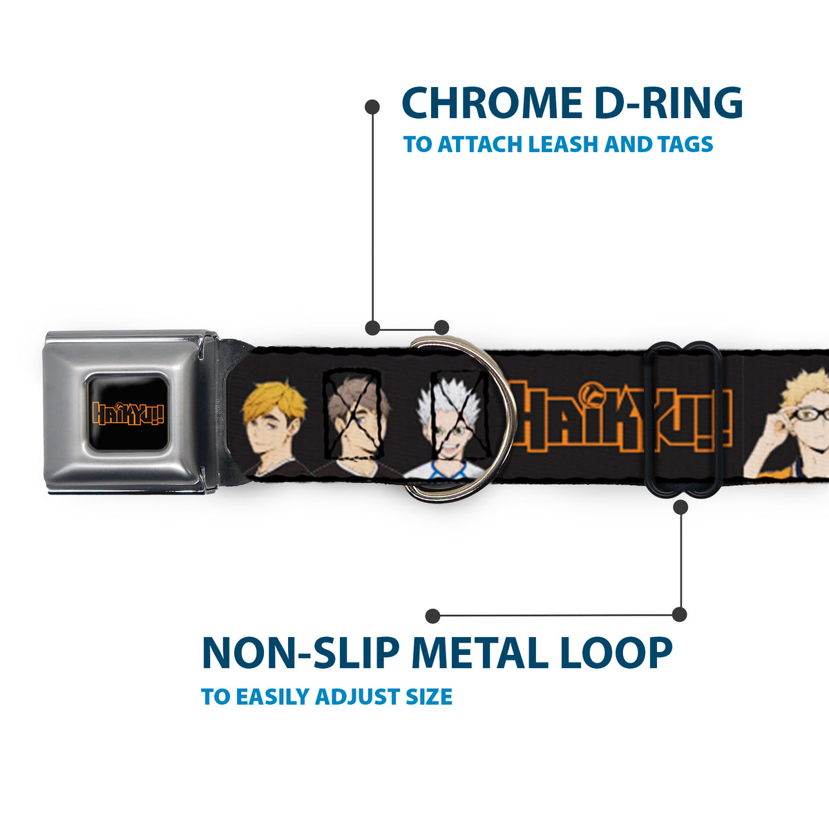 HAIKYU Title Logo Full Color Black/Orange Seatbelt Buckle Collar - HAIKYU Volleyball Team Player Groups Line Up Black Dog Collars Seatbelt Buckle Haikyu!!