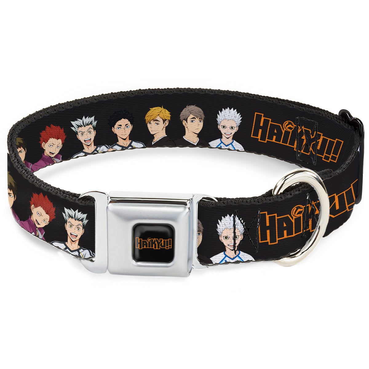 HAIKYU Title Logo Full Color Black/Orange Seatbelt Buckle Collar - HAIKYU Volleyball Team Player Groups Line Up Black Dog Collars Seatbelt Buckle Haikyu!!