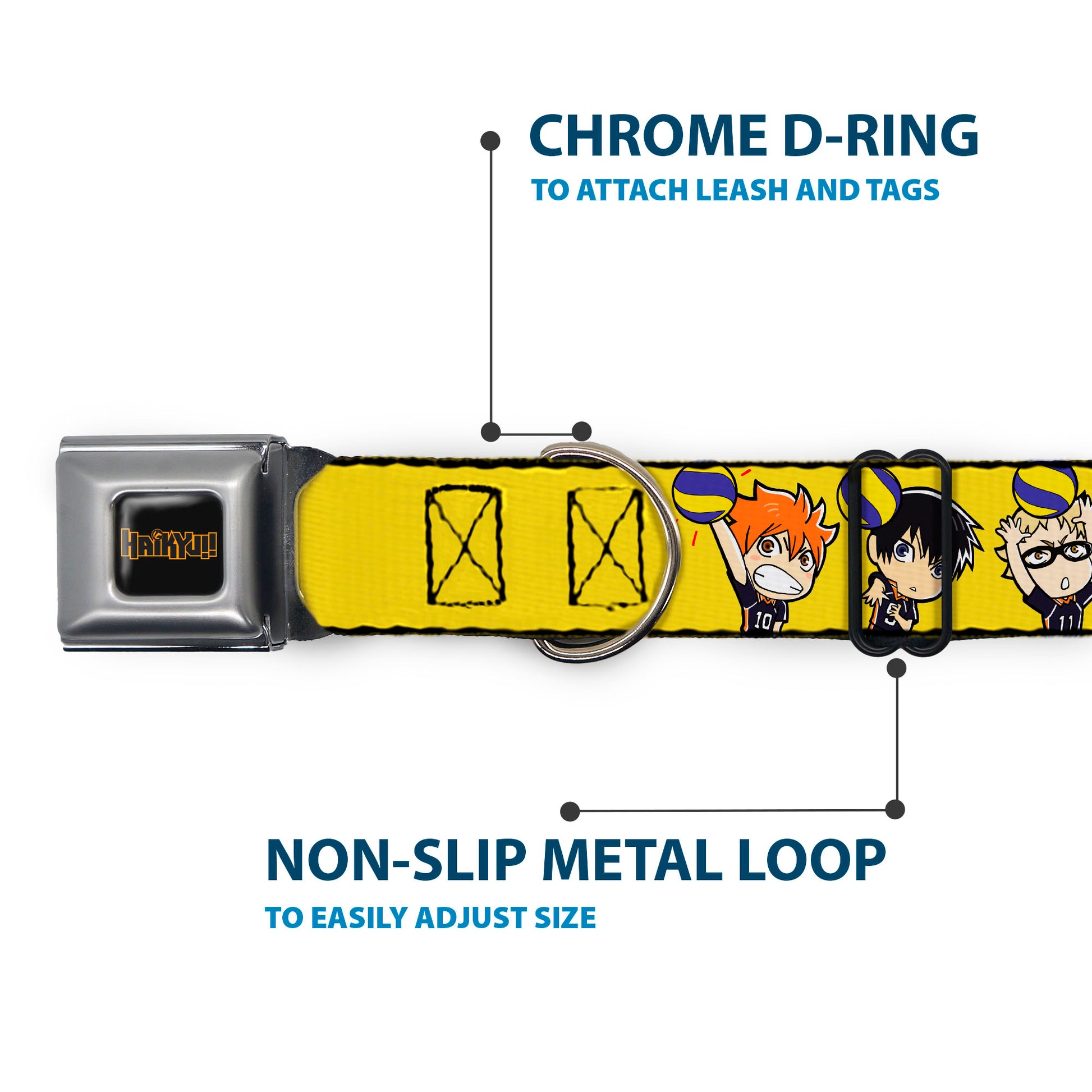 HAIKYU Title Logo Full Color Black/Orange Seatbelt Buckle Collar - Haikyu Chibi Volleyball Player Warm Up Pose Yellow Seatbelt Buckle Collars Haikyu!!