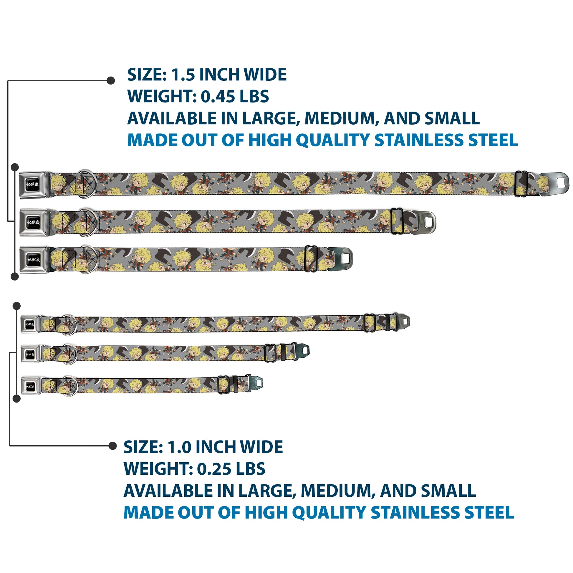 Hell's Paradise Kanji Title Logo Full Color Black/White Seatbelt Buckle Collar - Hell's Paradise Chibi Aza Chobei Axe Poses Scattered Gray Seatbelt Buckle Collars Hell's Paradise