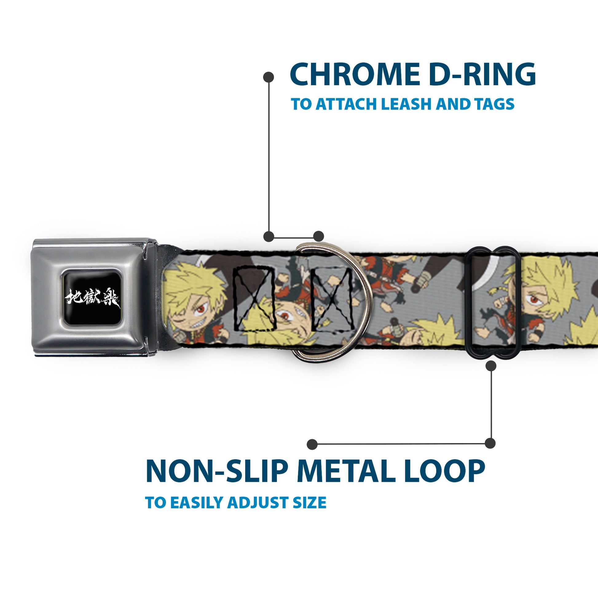 Hell's Paradise Kanji Title Logo Full Color Black/White Seatbelt Buckle Collar - Hell's Paradise Chibi Aza Chobei Axe Poses Scattered Gray Seatbelt Buckle Collars Hell's Paradise