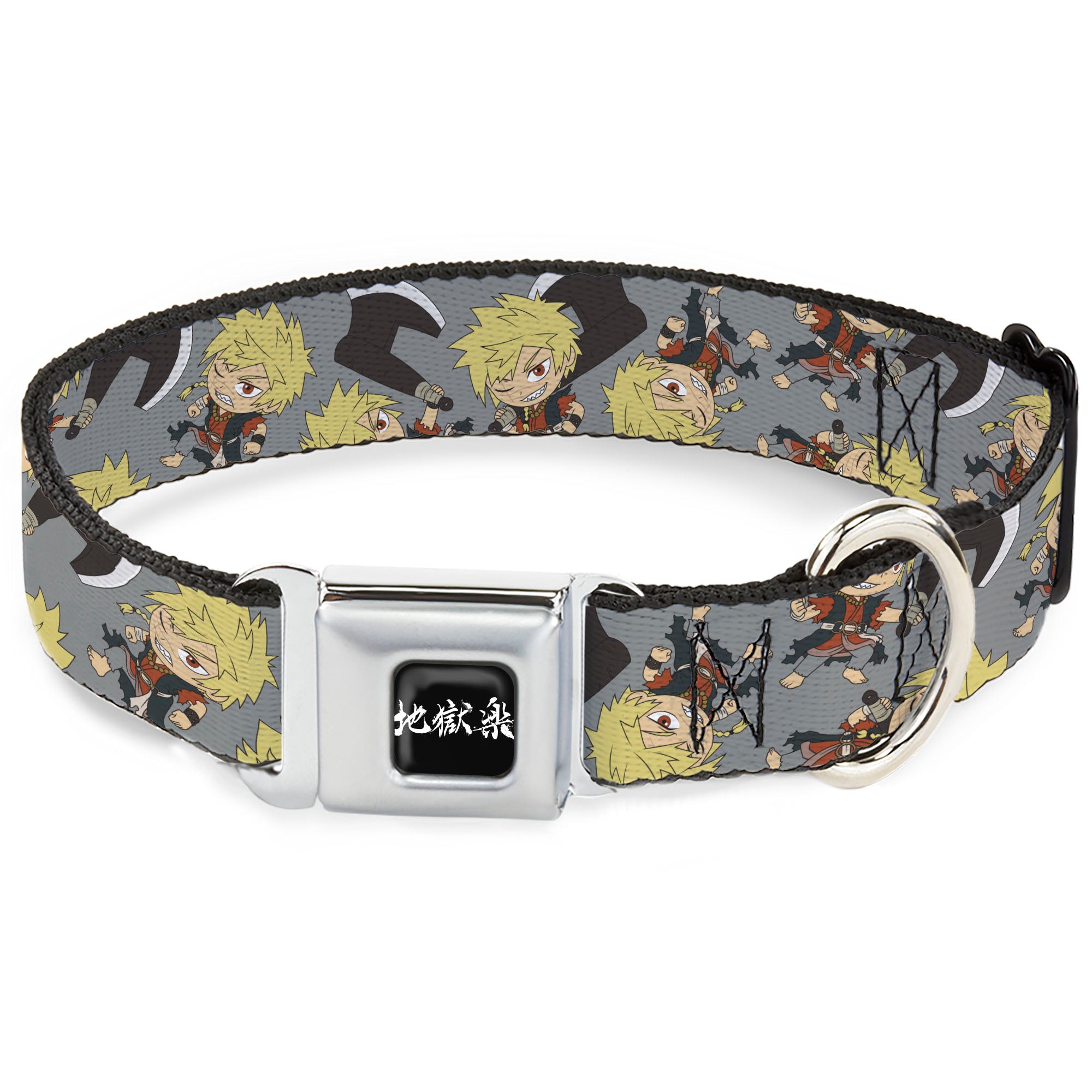 Hell's Paradise Kanji Title Logo Full Color Black/White Seatbelt Buckle Collar - Hell's Paradise Chibi Aza Chobei Axe Poses Scattered Gray Seatbelt Buckle Collars Hell's Paradise