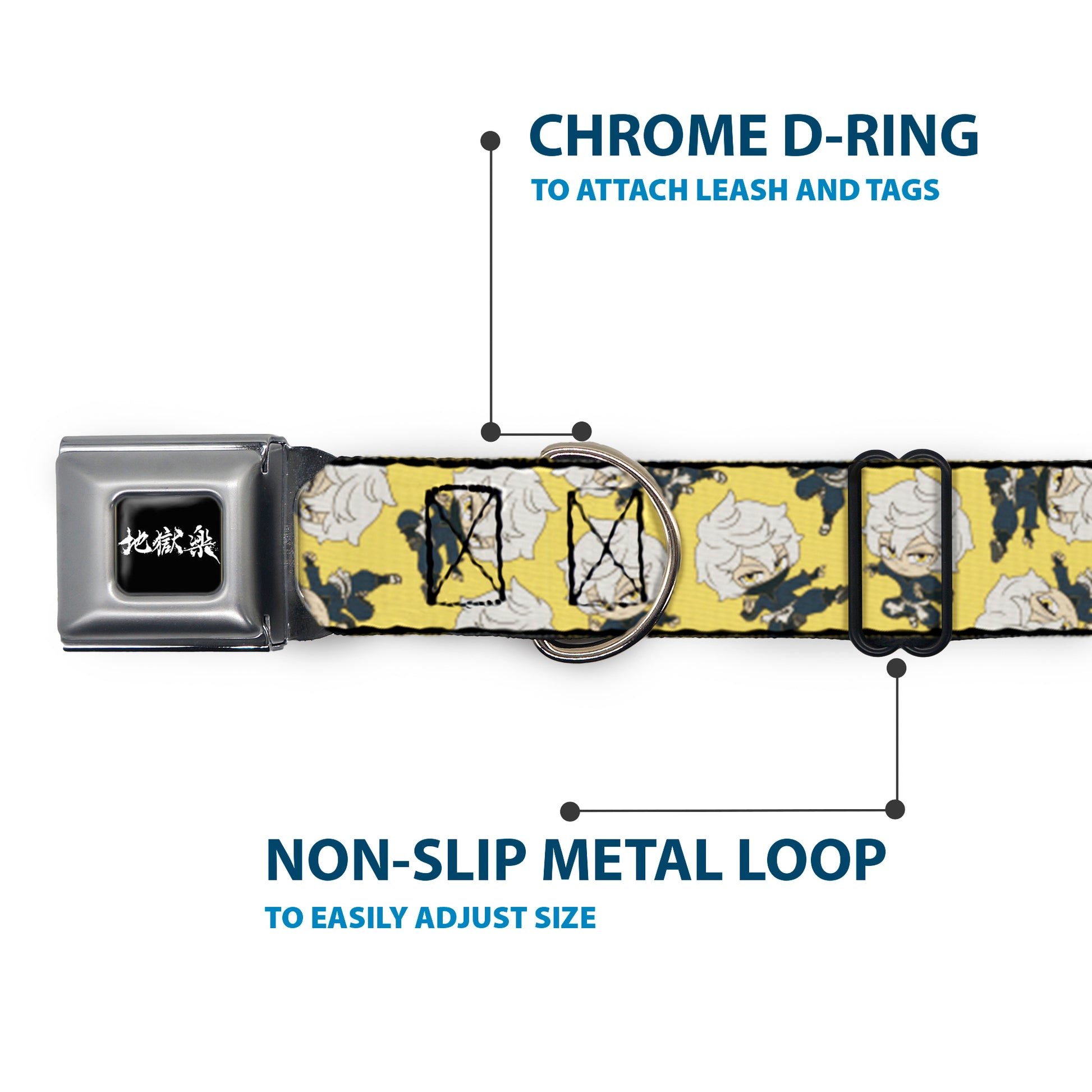 Hell's Paradise Kanji Title Logo Full Color Black/White Seatbelt Buckle Collar - Hell's Paradise Chibi Gabimaru Poses Scattered Yellow Seatbelt Buckle Collars Hell's Paradise