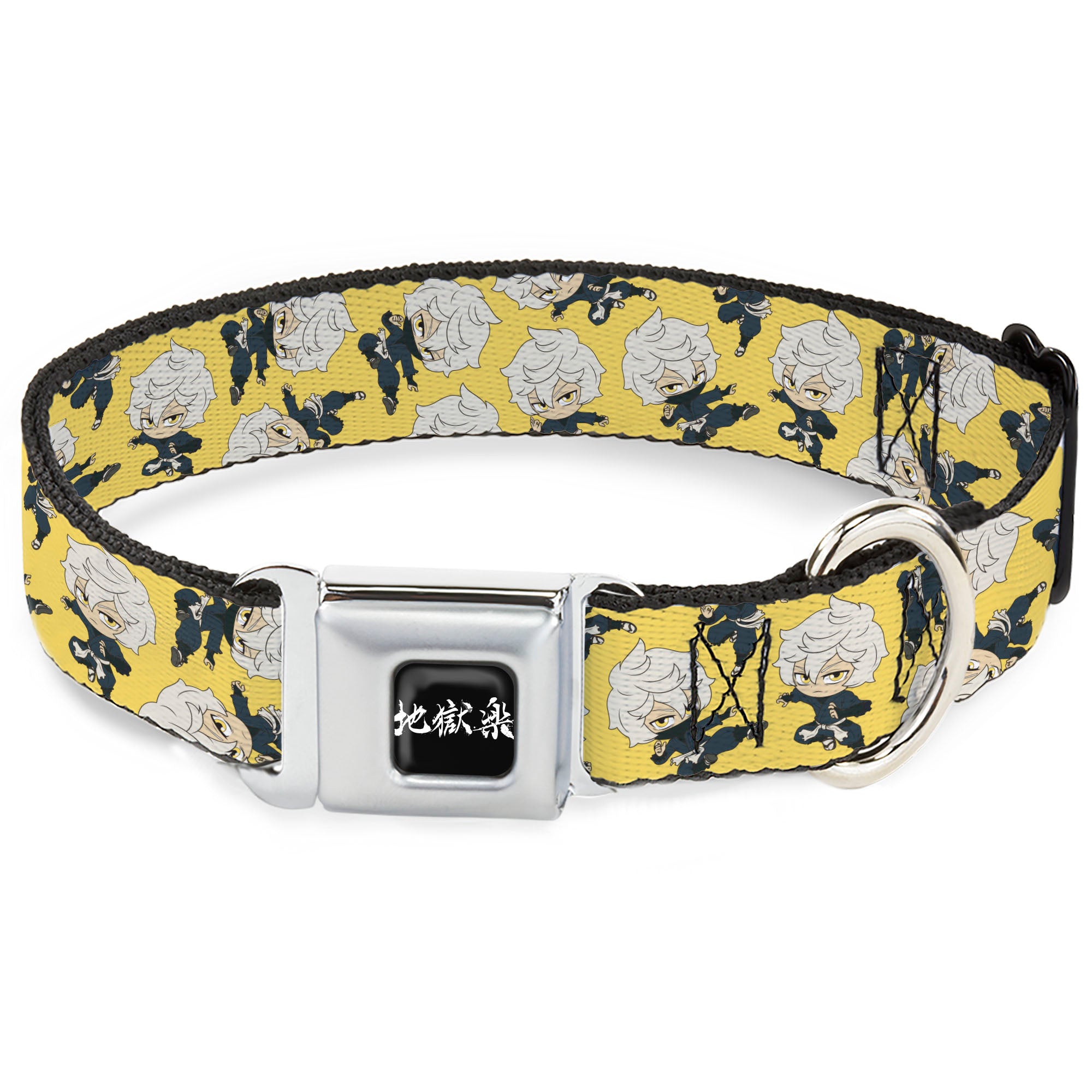 Hell's Paradise Kanji Title Logo Full Color Black/White Seatbelt Buckle Collar - Hell's Paradise Chibi Gabimaru Poses Scattered Yellow Seatbelt Buckle Collars Hell's Paradise