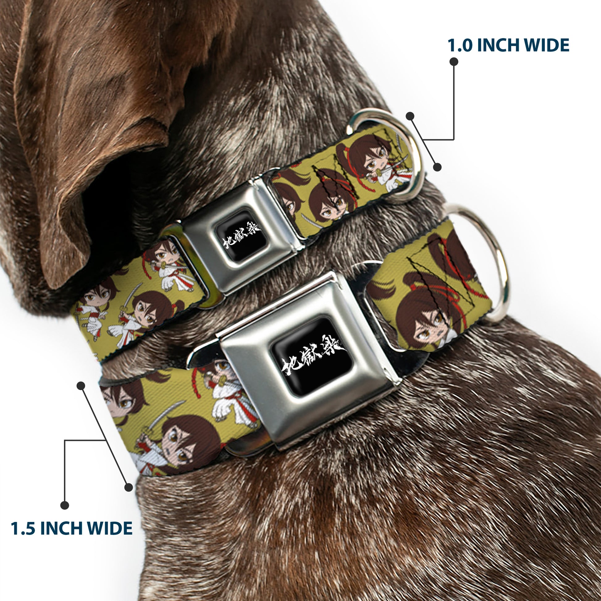 Hell's Paradise Kanji Title Logo Full Color Black/White Seatbelt Buckle Collar - Hell's Paradise Chibi Sagiri Sword Poses Scattered Golden Yellow Seatbelt Buckle Collars Hell's Paradise